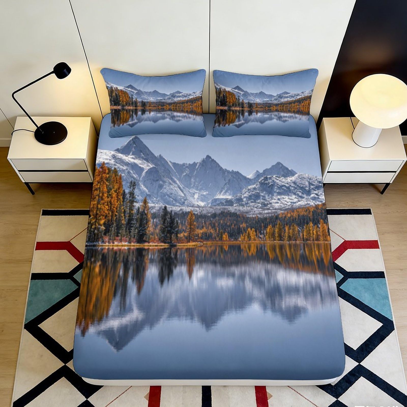 3D Printed Mountain Lake Fitted Sheet Microfiber Soft Durable Autumn Forest Bed Cover for Bedroom Dormitory Guest Room Mattress Protection 140x200x25cm