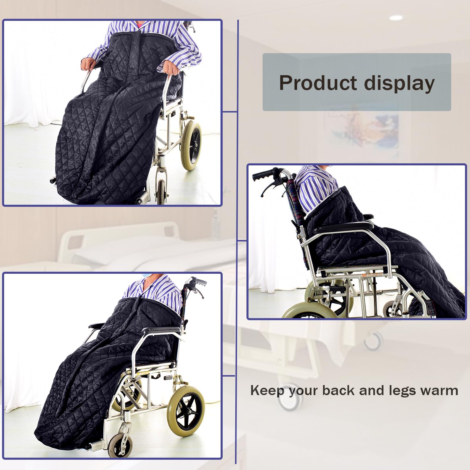 Manta térmica para silla de ruedas, ligera, con cremallera, para la parte inferior del cuerpo, para personas mayores, color negro