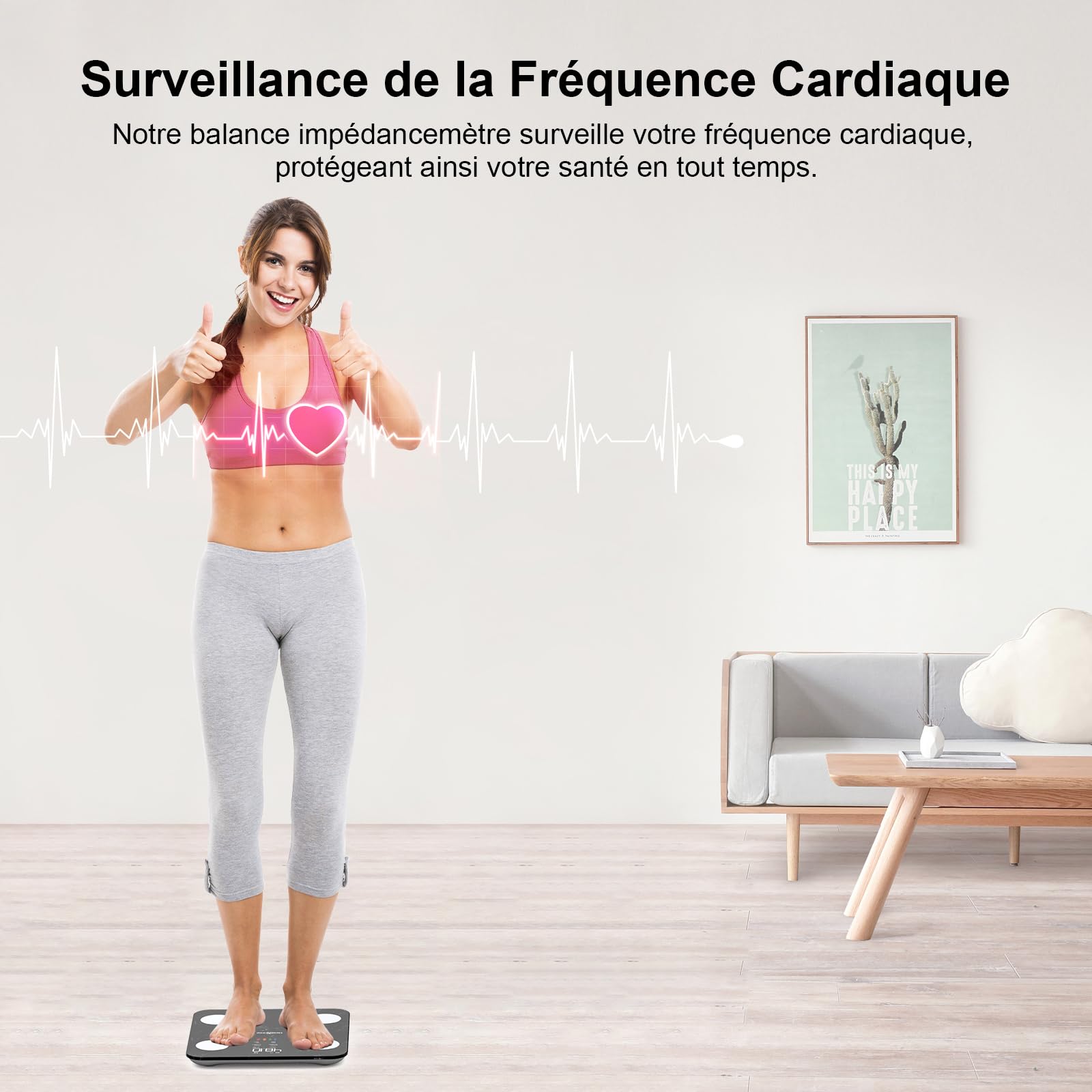 Balance Pèse Personne, Healthkeep Balance Connectée Impédancemètre Grand Écran VA avec Fréquence Cardiaque avec 15 Mesures Avec APP pour Andriod et iOS 180kg/400lb/28st, Noir