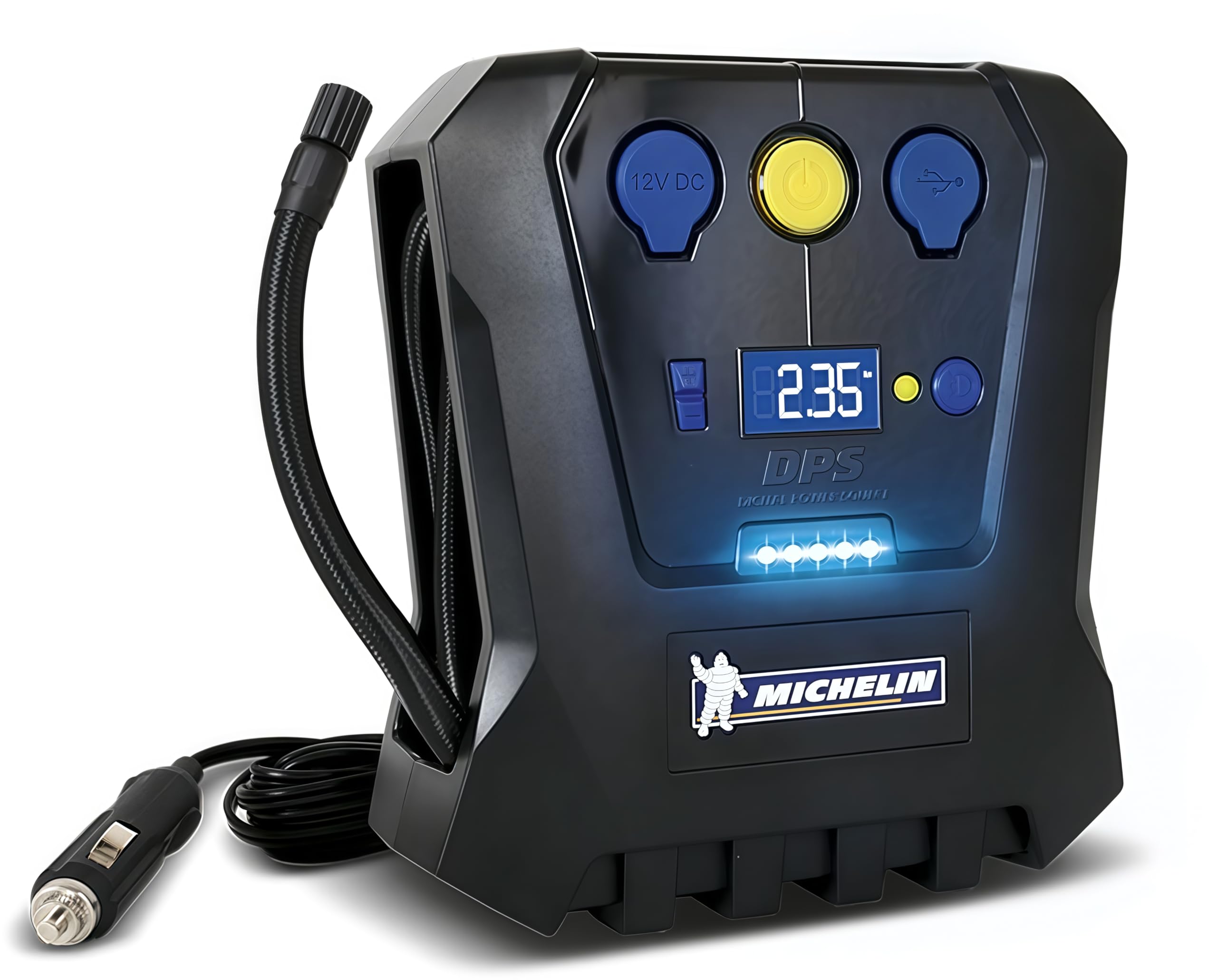 MICHELIN 12V Programmable Digital Tyre Inflator | Air Compressor with LCD Display, Pre-Set Pressure & Auto Shut-Off | Built-in USB Charger & 12V Power Outlet, Screw-in Hose & LED Light