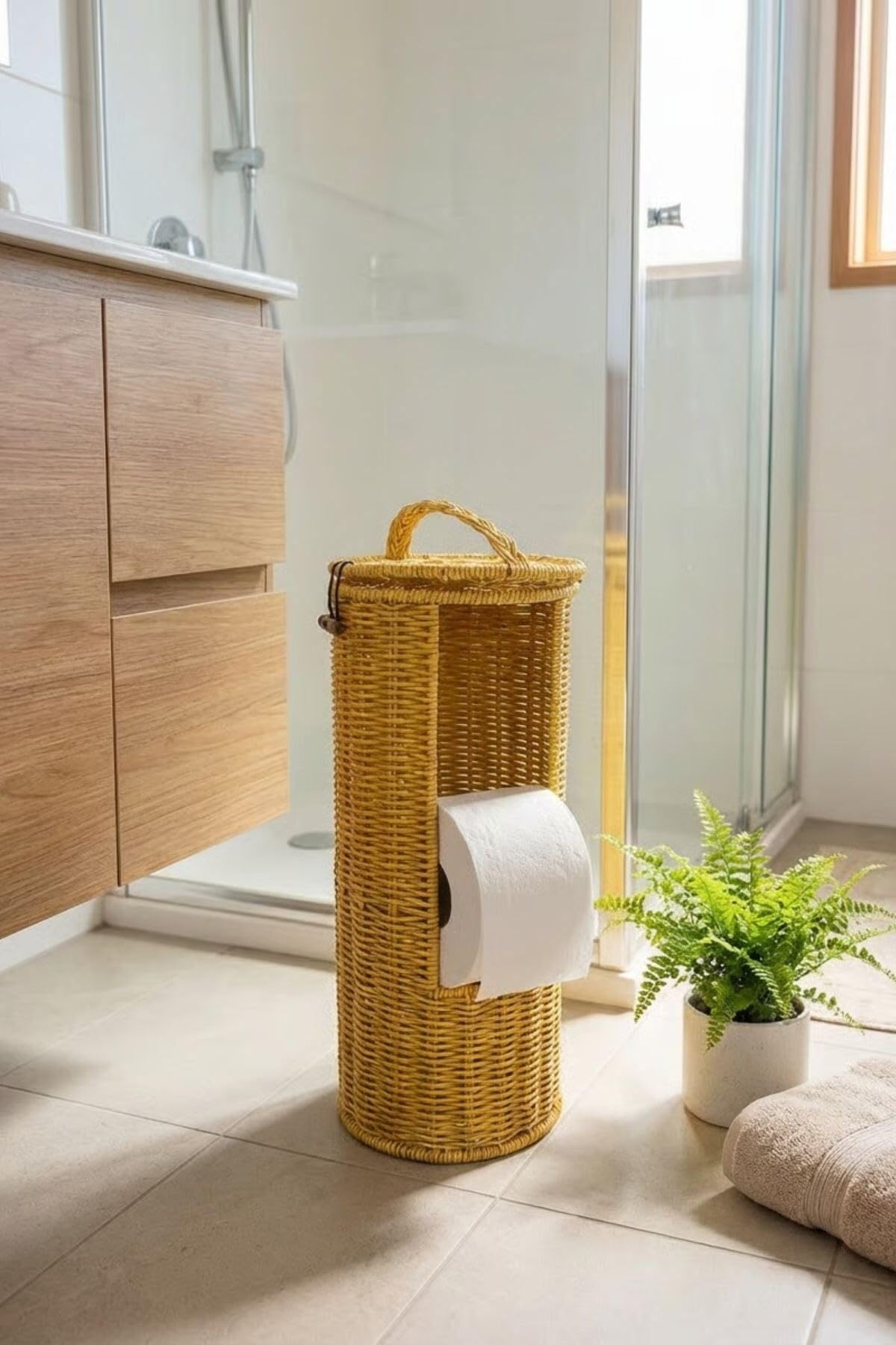 BUFFER Hasır Görünümlü Plastik Rattan Tuvalet Kağıdı Standı, Askılı Kapaklı WC Kağıtlık, Yedekli Banyo Organizer, 37x17 cm