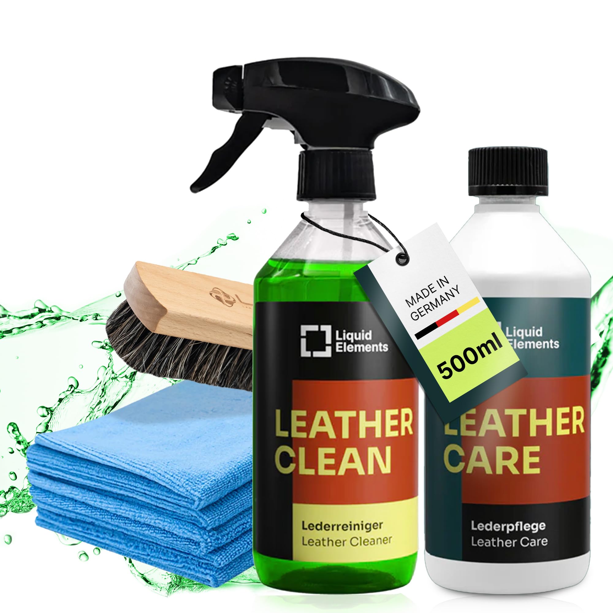 Liquid Elements Leder-Set, Leather Clean & Care 500ml + Zubehör | Sanfte Lederpflege für Auto, inkl. 5x Value Microfasertuch, Leder- & Textilbürste