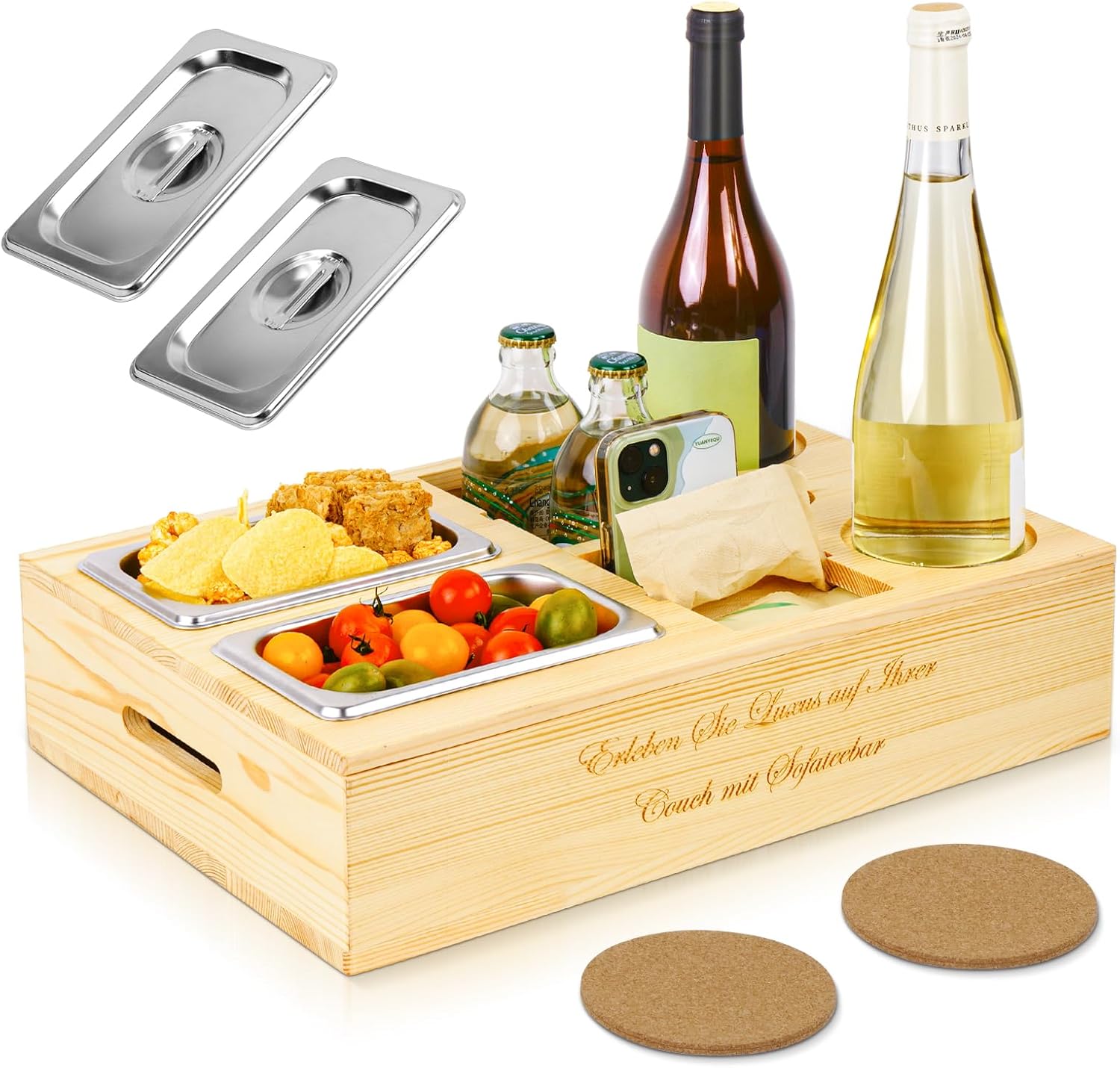 Couchbar Snackbox, Couch Bar mit Snackschalen, Snackbar Sofa Tablett - Geschenke für Männer