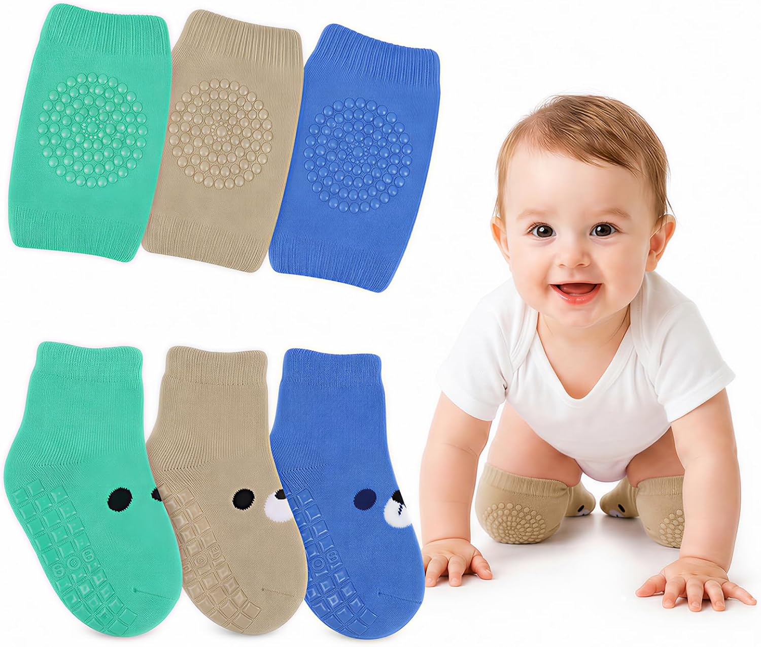 BOSONER Baby Crawling Anti-Slip Knee and Socks for Boys And Girls Best Infant Gift, Unisex Baby Toddlers Kneepads 6-24 Months