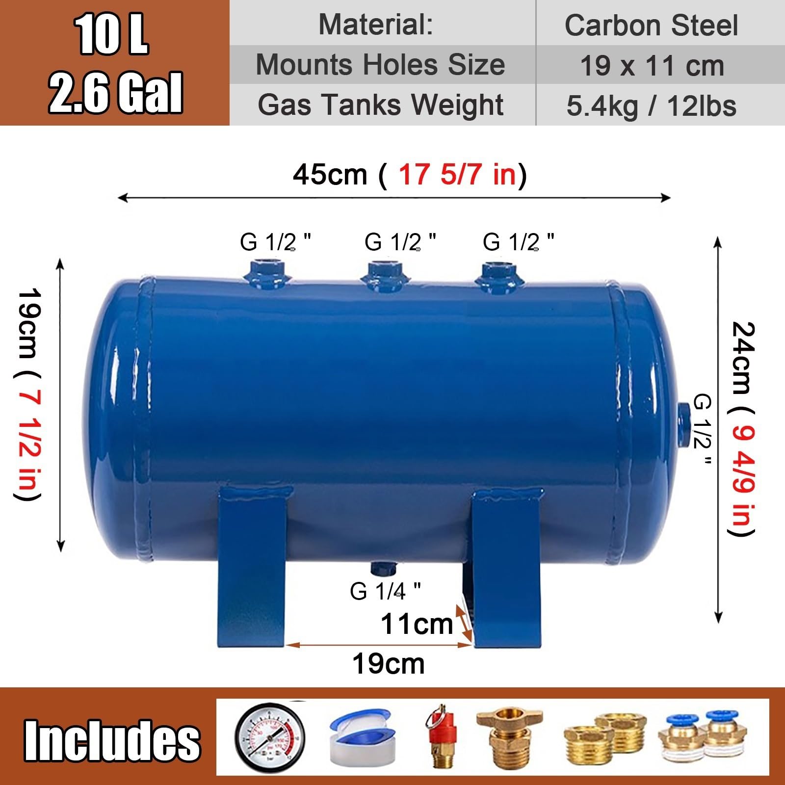 Tanque De Depósito De Aire De Acero Al Carbono, Tanques De Aire Comprimido De Gran Capacidad para Fábrica/Laboratorio, Presión Máxima 12,5 Bar(10L/2.6Gal (45x19x24cm) A)