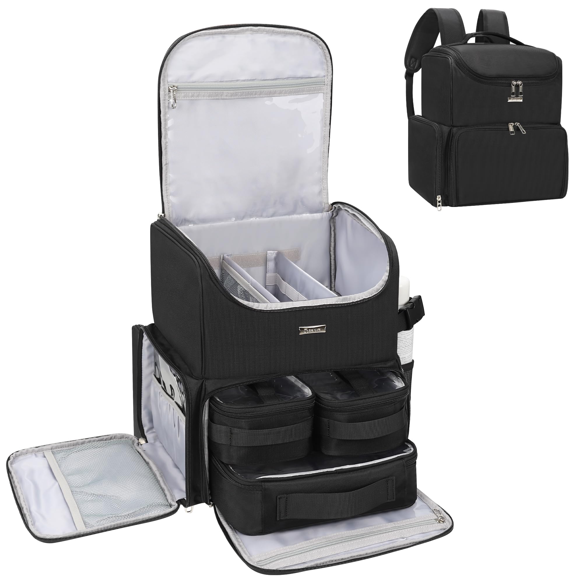 Relavel Makeup-Rucksack, große Make-up-Tasche mit 3 klaren Sets, Doppelwandige professionelle Kosmetiktasche für Reise-Train-Case, Make-up-Artist-Set mit verstellbaren Fächern