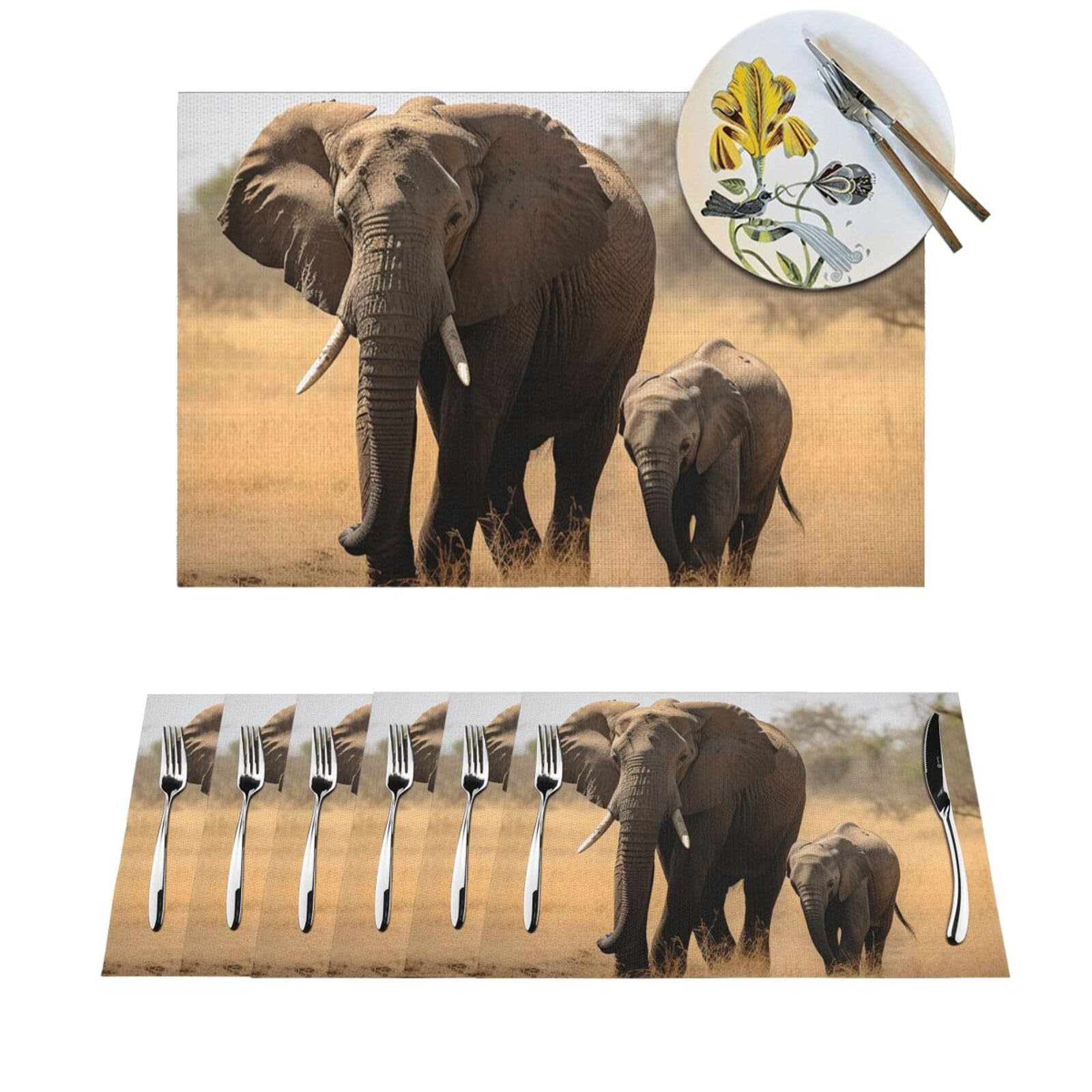 Set de table PVC imprimé éléphants pour repas de famille et fêtes