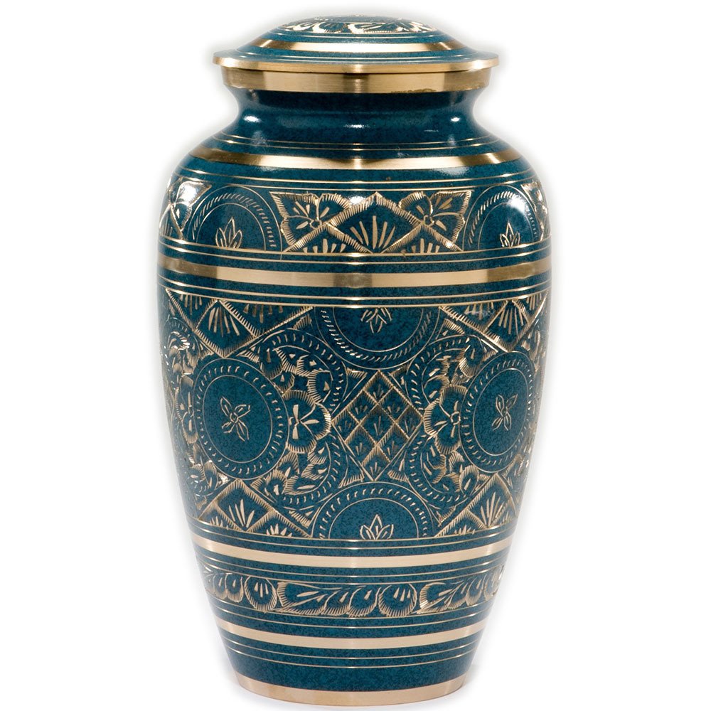 Azure Cremation Urn by Beautiful Life Urns - Exquisite Blue Funeral Urn with Stunning Gold Etched De