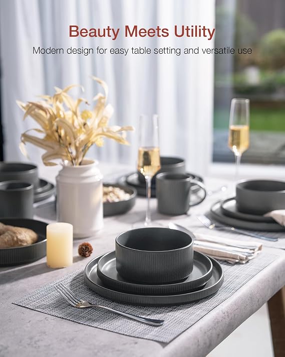 Richmount Star Plates and Bowls Set, Stoneware 12 Pieces Dinner Set for 4, Dinnerware Sets with Dinner Plates/Salad Plate/Cereal Bowls, Dishwasher & Microwave Safe, Matte DarkCharcoal