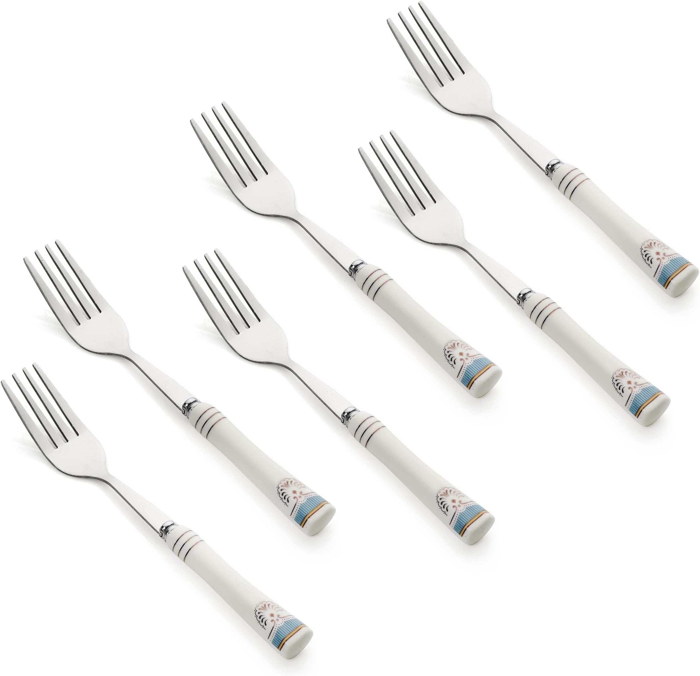 MGeezz Stainless Steel Fork Spoons Set for Home Kitchen & Restaurant Cutlery Dinner Table Bouillon Spoon with Ceramic Handle Tableware Serving Noodles Fork (6, Basic Small Fork)