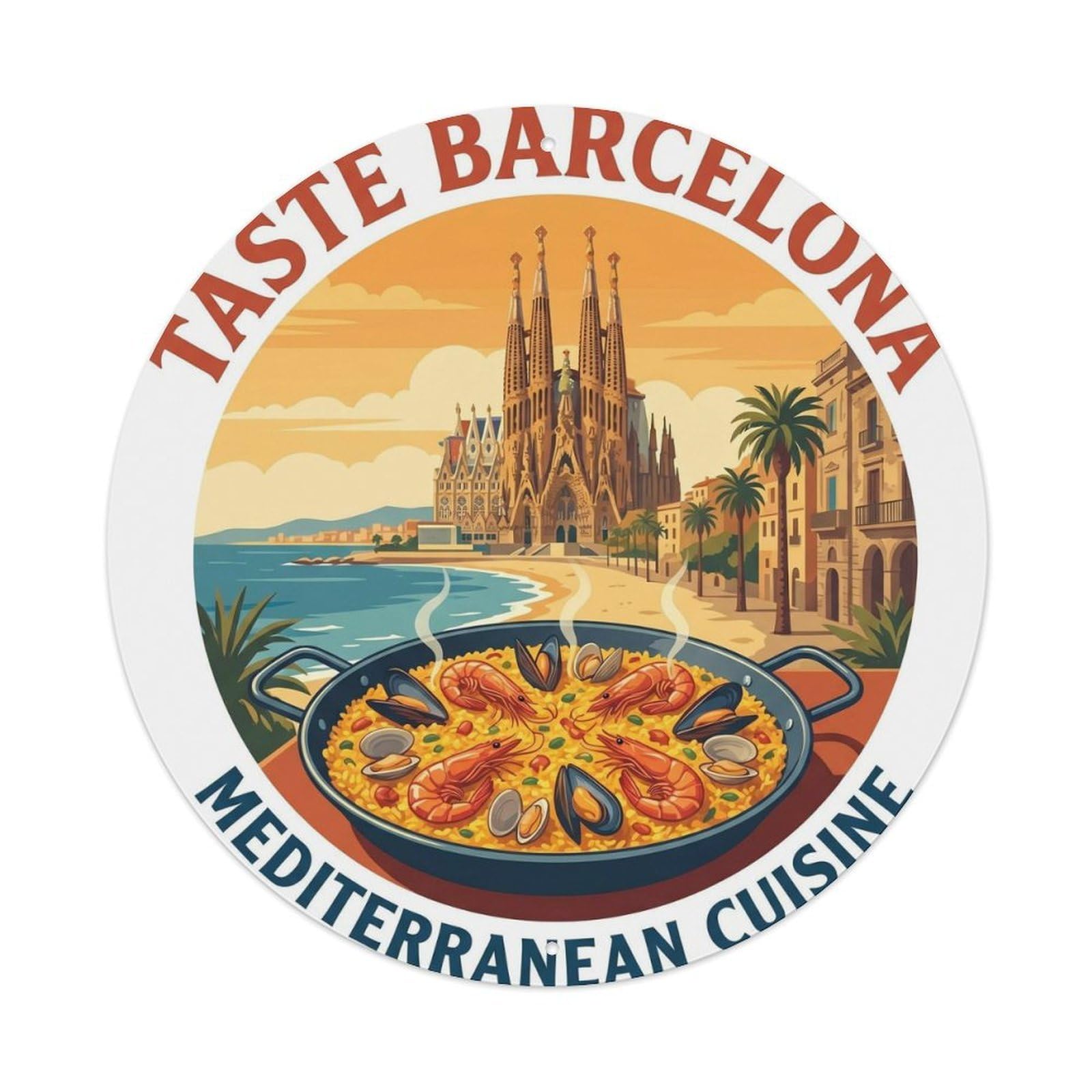 Barcelona Seafood Cuisine Vintage Travel Catalan Heritage Metal Tin Sign Plaque Wall Decor for Cafe, Man Cave, Club Bar, Office, Home Garden Round Metal Poster 8x8Inch