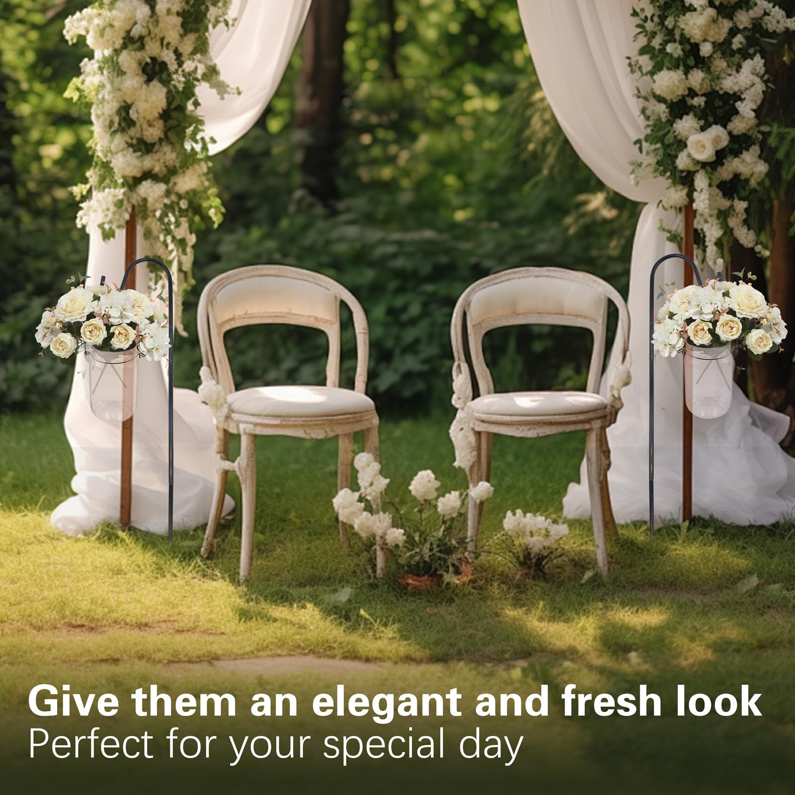 8 Décorations d’Allée de Mariage, Bocaux Mason 450 ml avec Anses et Crochets de Berger 81,5 cm, Décoration de Jardin pour Cérémonie Extérieure (Fleurs Non Incluses)
