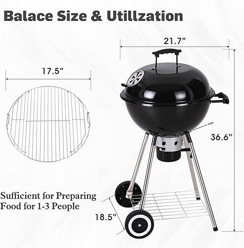 Miniatura 9 de Sophia & William Parrilla de carbón de 22 pulgadas con rejilla cromada gruesa, atrapasueños de alta capacidad para picnic al aire libre, barbacoa,
