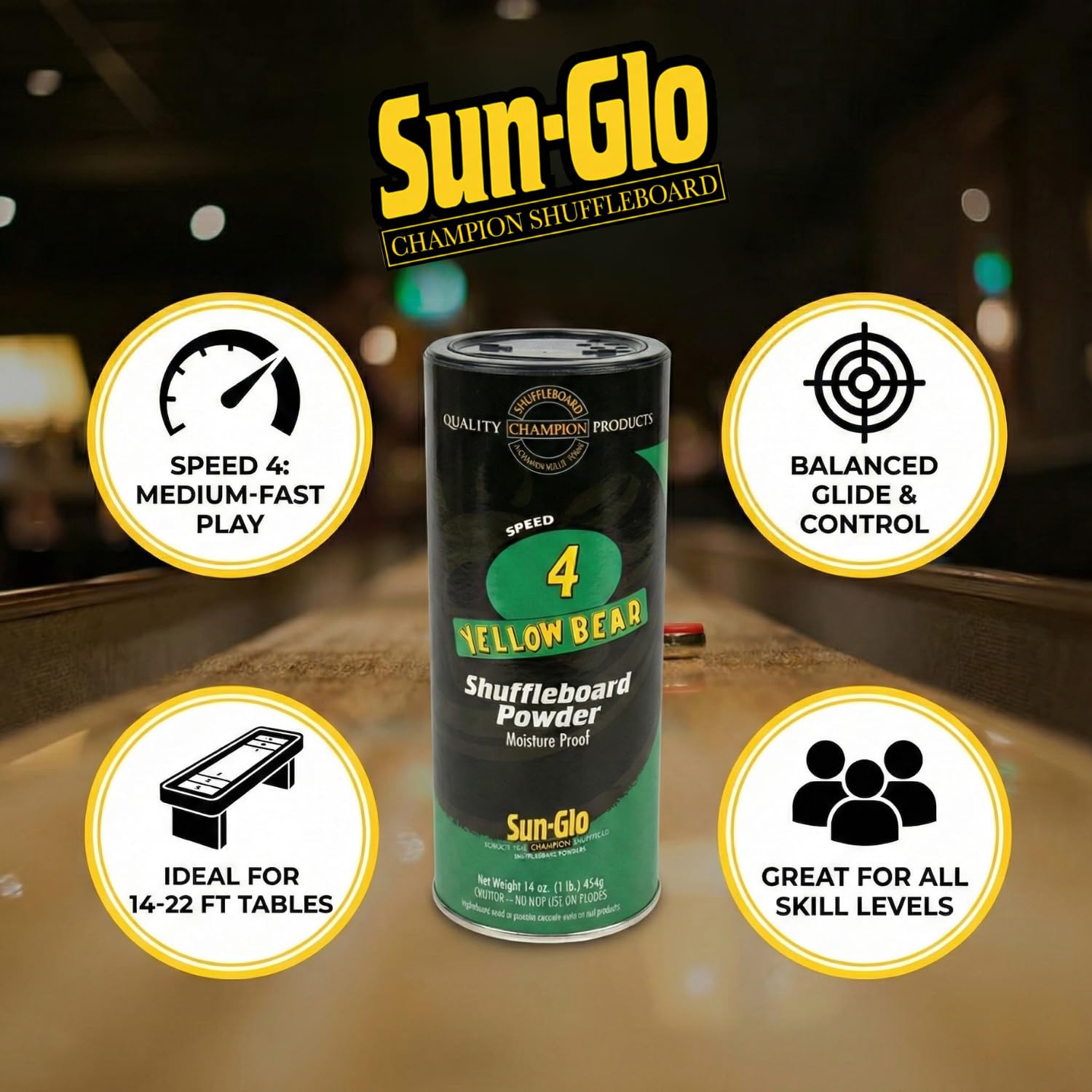 Sun-GLO Shuffleboard Wax 16 oz Yellow #4 Speed with Broom Bundle