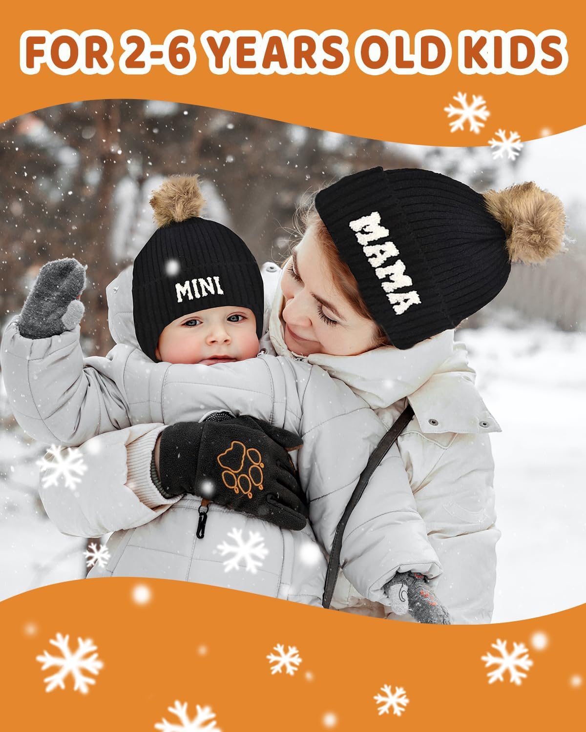 2PCS Parent-Child Beanie Hat Mama and MINI Embroidery Knitted Hat Winter Warm Cuffed Ski Cap with Pom Pom - Image 2
