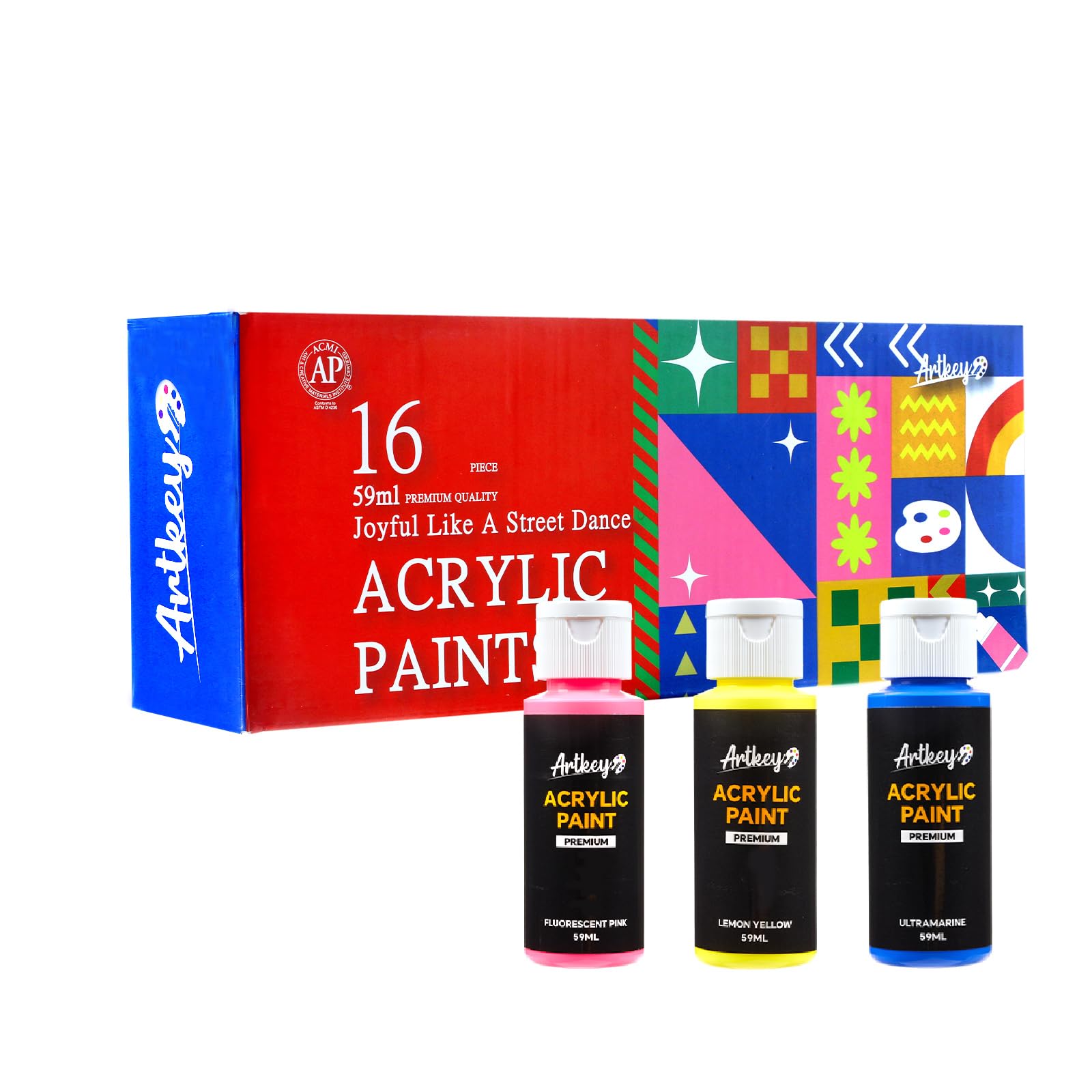 Artkey Acrylic Paint Set, 16 Colors 2 oz/59 ml Acrylic Paint Kit for Professional Artists & Beginners – Memphis Style “Pop Art Colors” Palette for