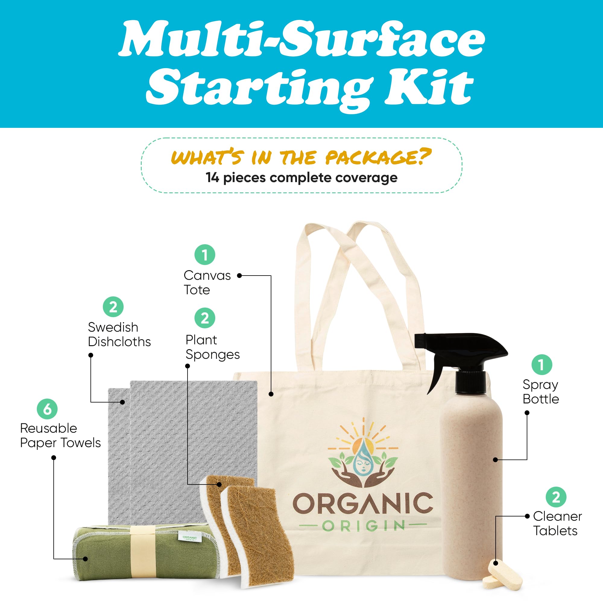 Organic Origin - Kit de limpieza de cocina, 14 piezas, paños de cocina suecos, esponja para platos, esponjas de cocina, toallas de papel reutilizables, tabletas limpiadoras multiusos