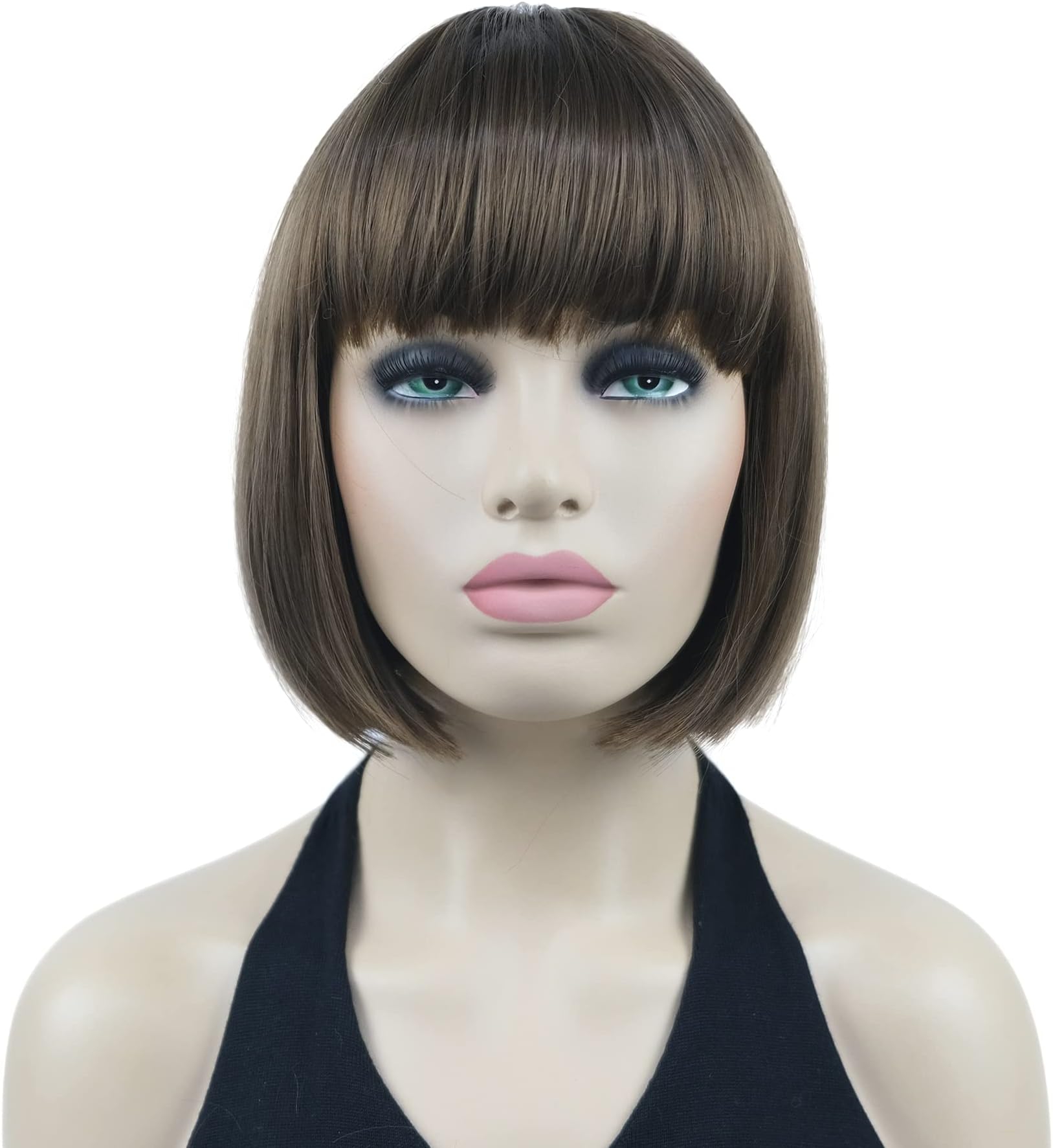 Lydell 8" Straight Short Bob Wigs Heat Resistant Synthetic Hair Flat Bangs Cute Central Dot Skin (10 Medium Golden Brown)