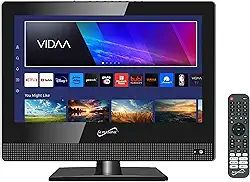 Supersonic SC-1520VTV TV LED Smart AC/DC de 15,6 polegadas, alimentado por VIDAA, 1080p, WiFi, altifalantes integrados, USB, 3X HDMI ARC, para cozinha, RV, barco, camião, sala de jogos, quarto,