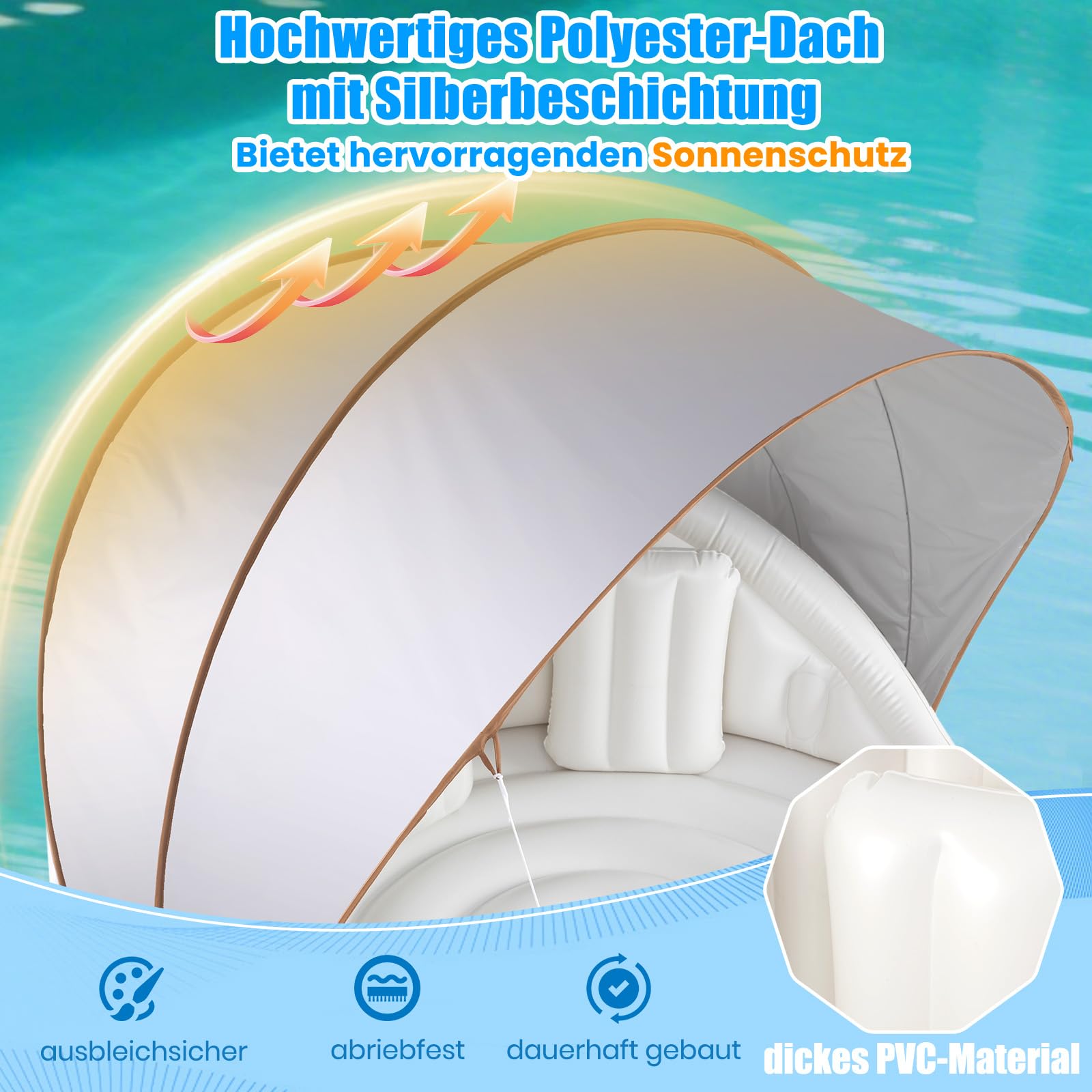 GYMAX Badeinsel Aufblasbar XXL, 186 x 186 cm, Schwimminsel mit Abnehmbarem SPF 50+ Sonnendach & 3 Kissen, 200 kg Belastbare Aufblasbare Insel für 2 Personen, Luftmatratze Wasser für Pool & Meer