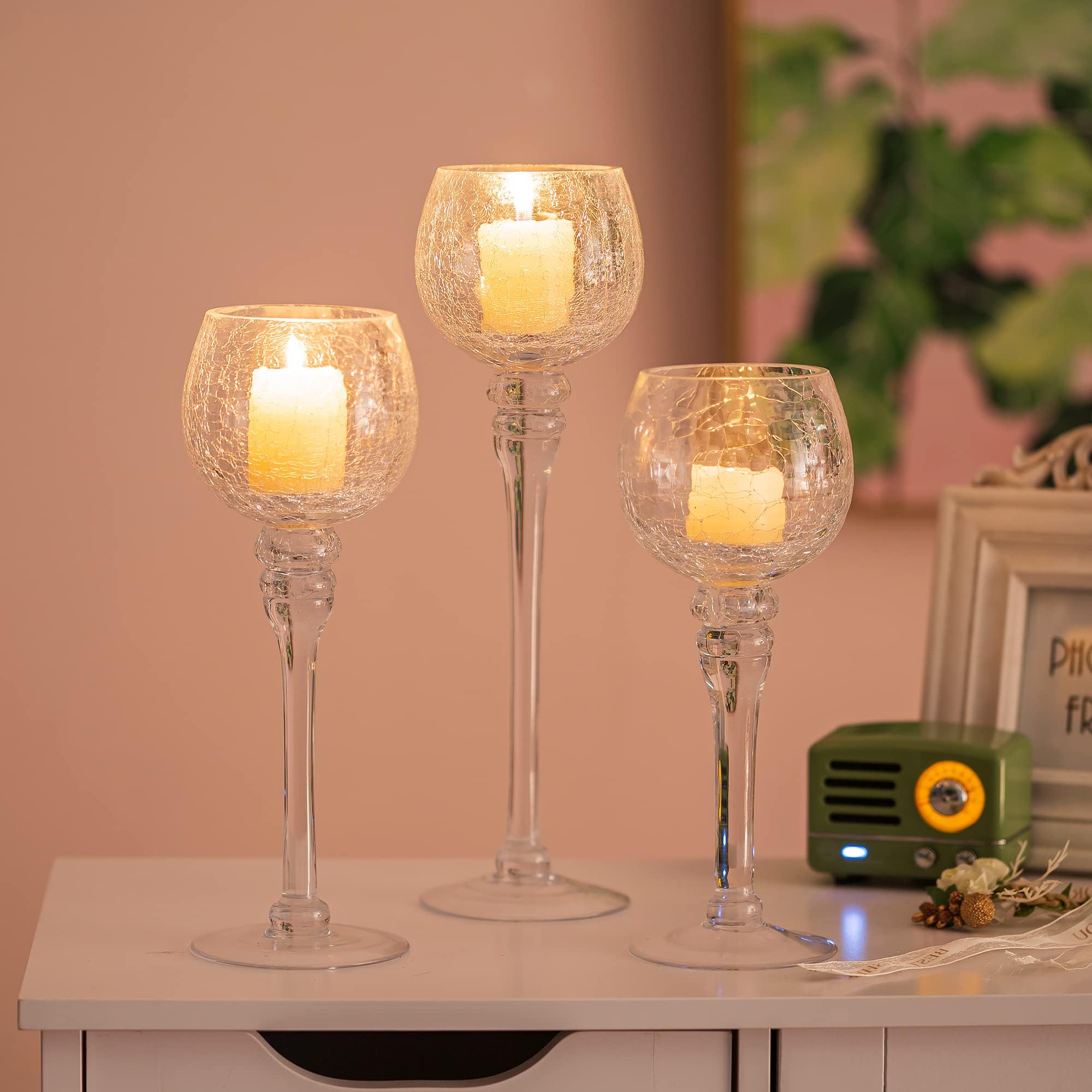 Romadedi Juego de 3 portavelas de cristal, 23,5/25,5/31,5 cm, para velas de té, decoración de salón, mesa, boda, habitación