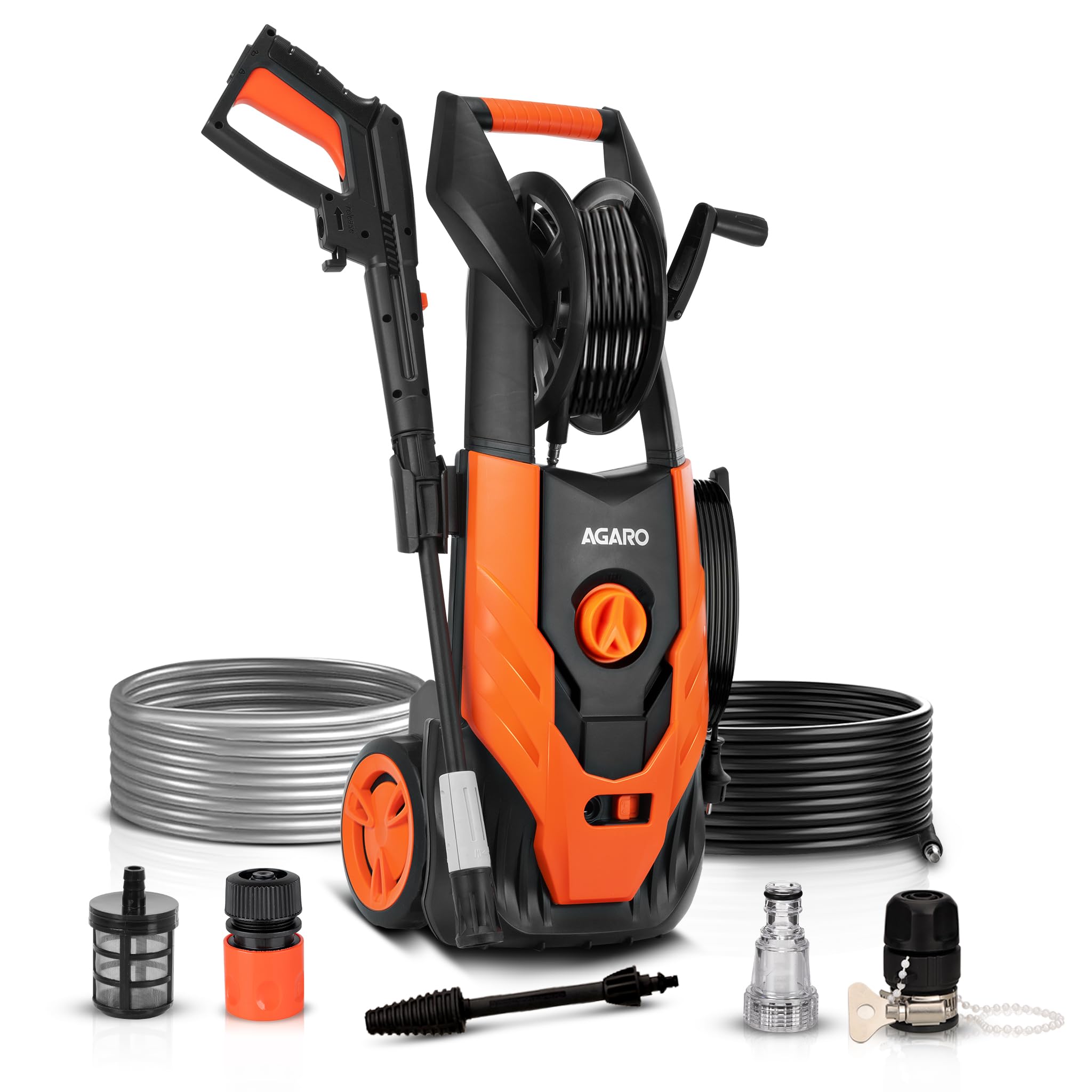 AGARO Royal High Pressure washer, 1800 Watts Motor, 140 Bars, 7L/Min Flow Rate, 5 Meters Outlet Hose, Upright Design With Wheel, For Car, Bike and Home Cleaning Purpose, Turbo Nozzle, Black and Orange