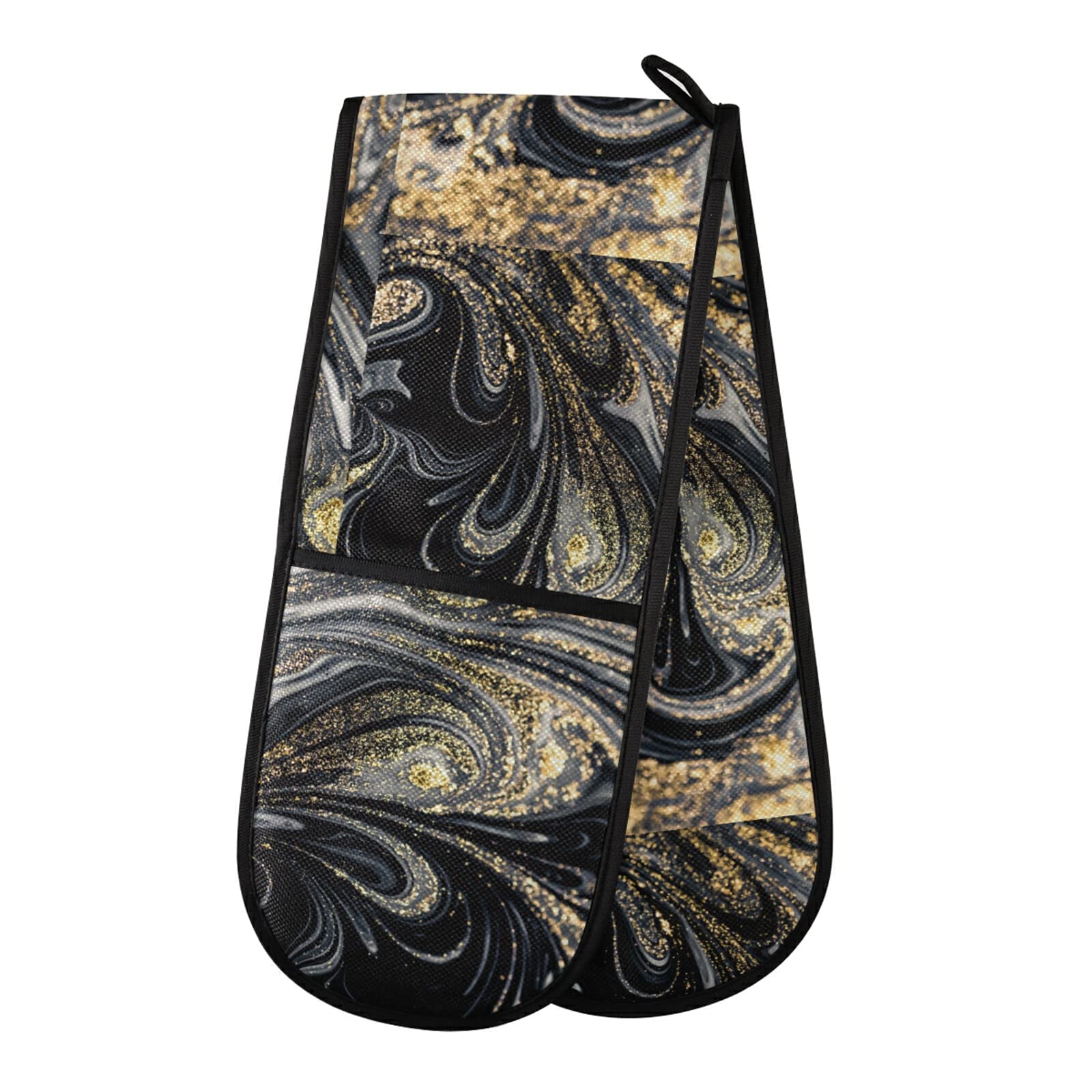 Poeticcity Multi 15 Gold Black Swirls Of Marble Agate Shiny Golden Dark Starry Night Double Oven Mitt Gloves Extra Long Potholder High Heat Resistant For Baking Cooking Baking Grilling Handling Hots Pans 35"X7"