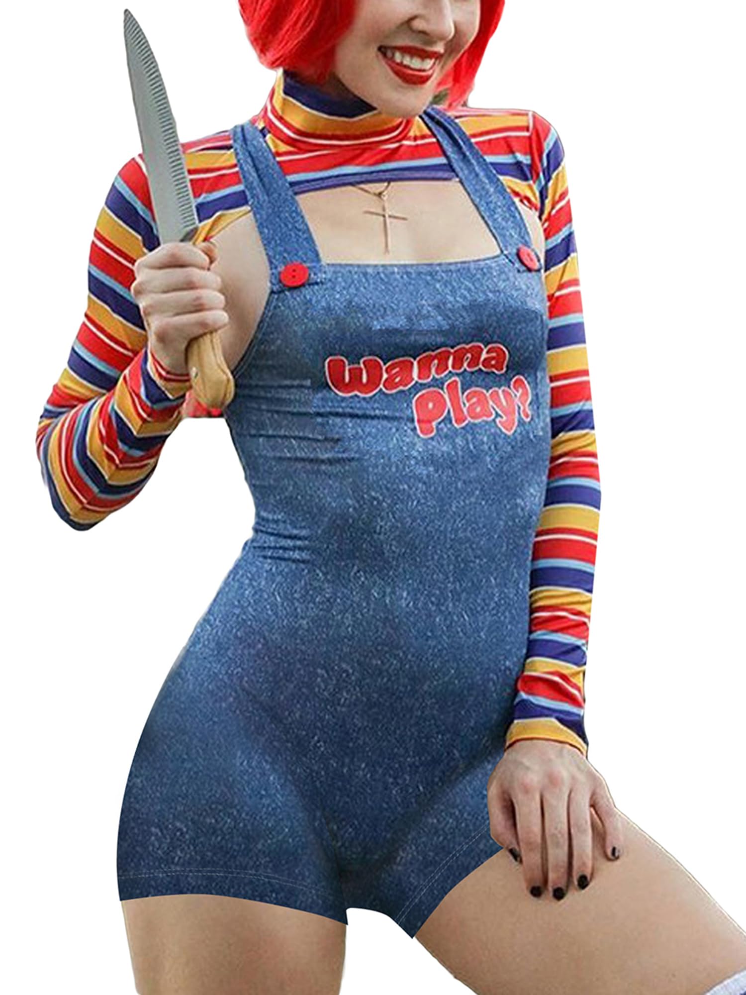 Springcmy Women 2 Pcs Halloween Cosplay Costumes Scary Nightmare Killer Doll Wanna Play Movie Character Dress Chucky Doll Costume Set (A-Blue - Image 3