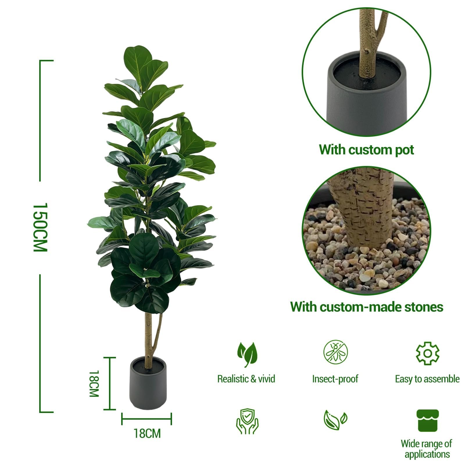 Ficus Artificiel150 cm, Ficus Plante Verte Artificielle Grande en Pot Gris Résistant avec Pierres Décoratives, Fausse Plante Intérieur Extérieur, Arbre Artificiel Décoration Salon Maison Bureau