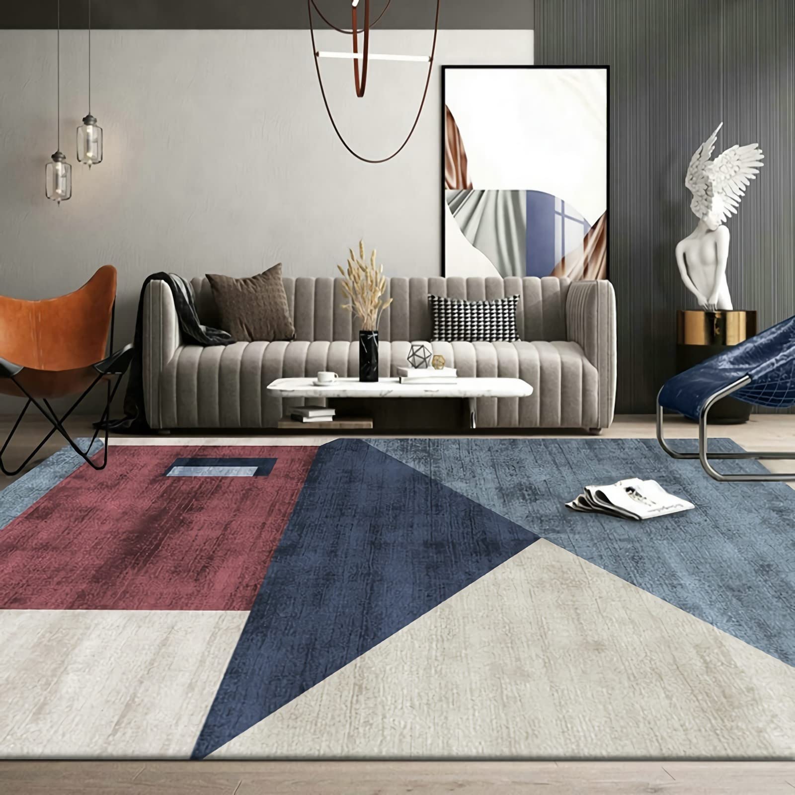 Tapis Tapis Chambre ado Garcon Tapis de Salon Motif géométrique Moderne Rouge Bleu Beige Tapis Chambre ado Fille Tapis Chambre Bebe Fille 60x90cm