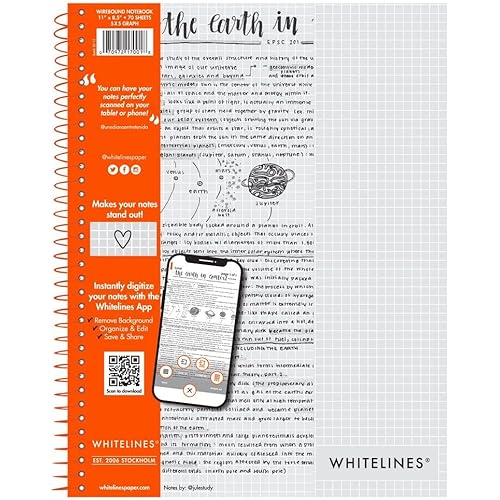 ROARING SPRING Whitelines Spiral Graph Ruled Notebook, Digitally Download Your Notes with FREE App, Premium Gray Paper, 11" x 8.5" 70 Sheets