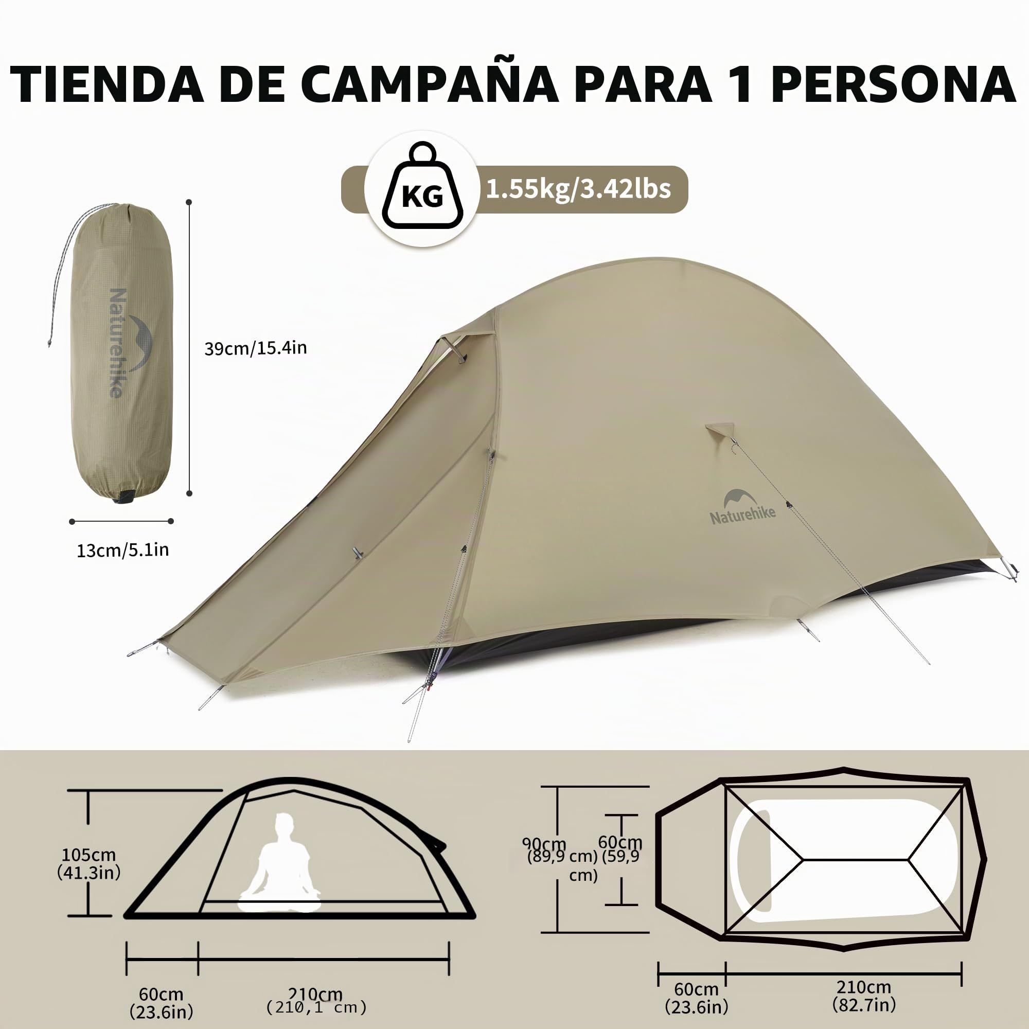 Naturehike Cloud up Pro Tienda de Campaña Ligera para 1 Persona, Fácil de Montar, a Prueba de Viento y Resistente al Agua, Tienda de Cúpula para Viajes al Aire Libre Senderismo