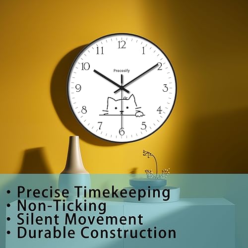 Miniatura 5 de Procosify Relojes de pared redondos de 12 pulgadas a pilas para sala de estar, dormitorio, cocina, oficina, diseño minimalista, gato