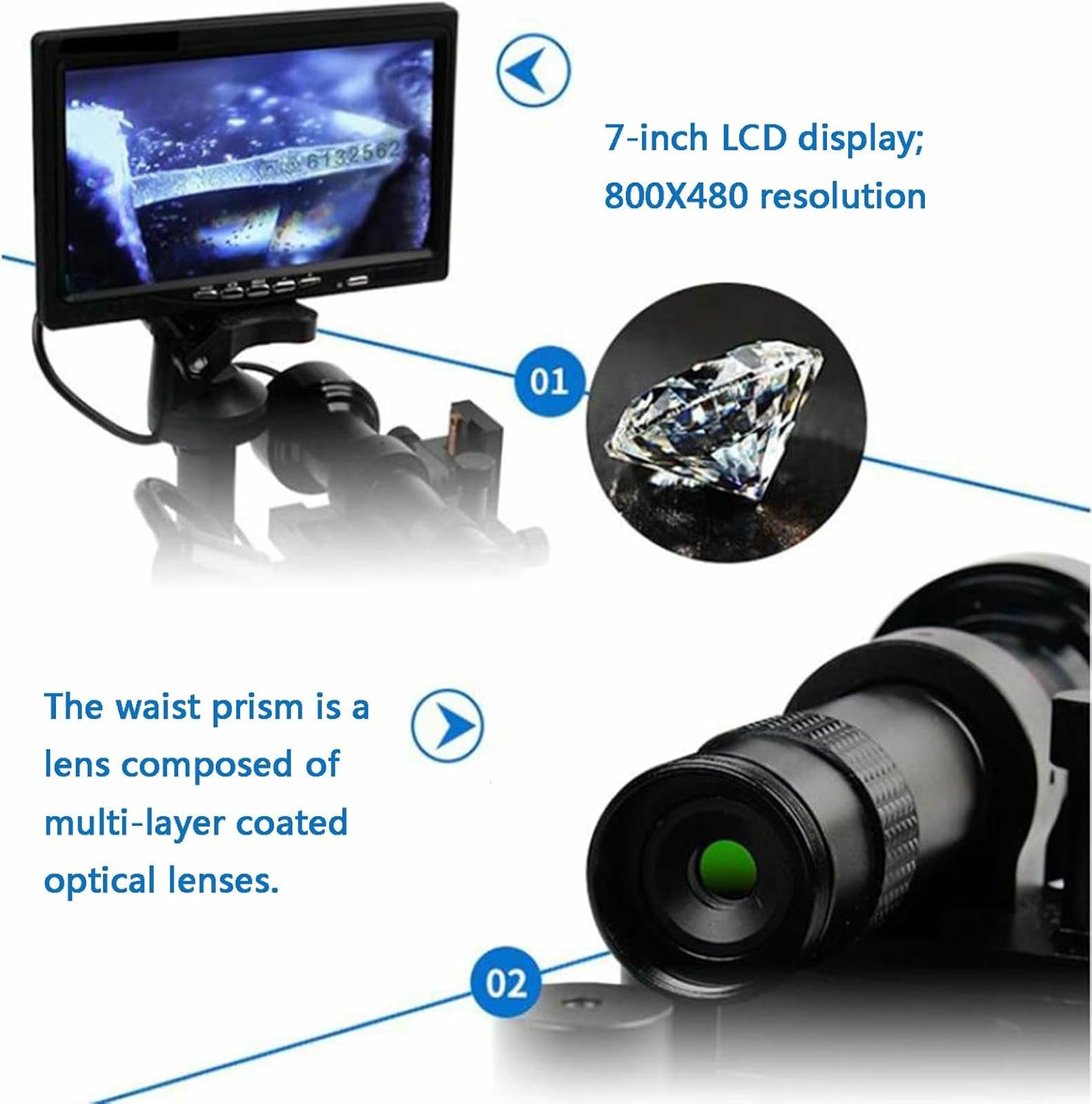 Lupa Digital de Cintura con Diamantes, Visor de Cintura con Diamantes, Aumento de 100X, Pantalla LCD de 7 Pulgadas y luz LED de Relleno, para identificación de Joyas.