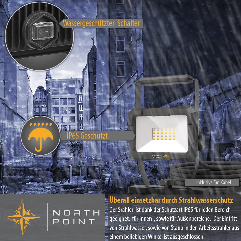 Northpoint LED Blackline Baustrahler Arbeitsstrahler Fluter Flutlicht Spitzwassergeschützt 20 W Leistung 1600 Lumen Lichtstrom integrierter Schalter und 3m Kabel