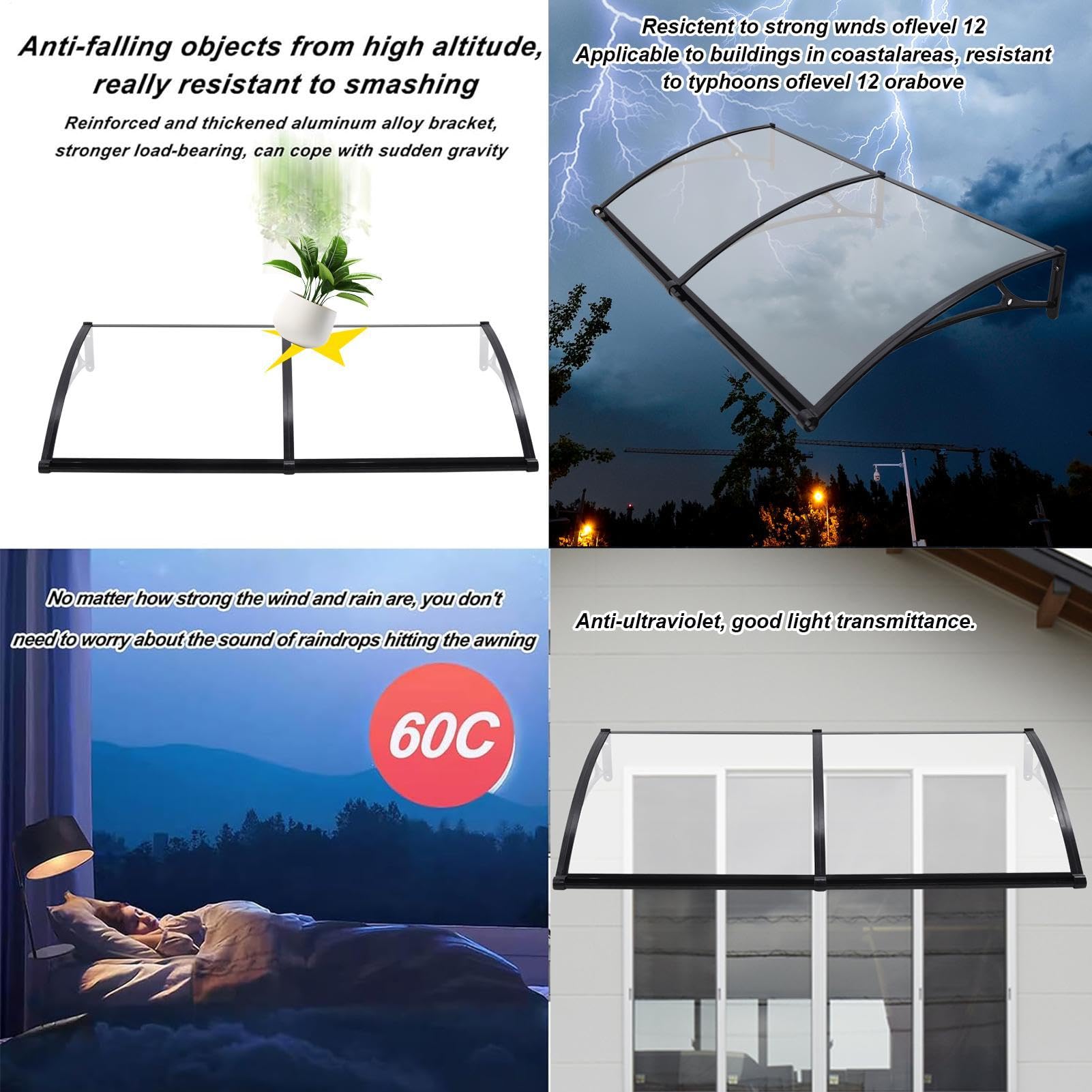 Markise Für Tür Eingang Außenfenster Markisen Mit Gebogenen Stützen | Über Tür Markise Mit Aluminiumlegierung Halterung Und Polycarbonat Platte Für Terrasse Garten Wohnwagen