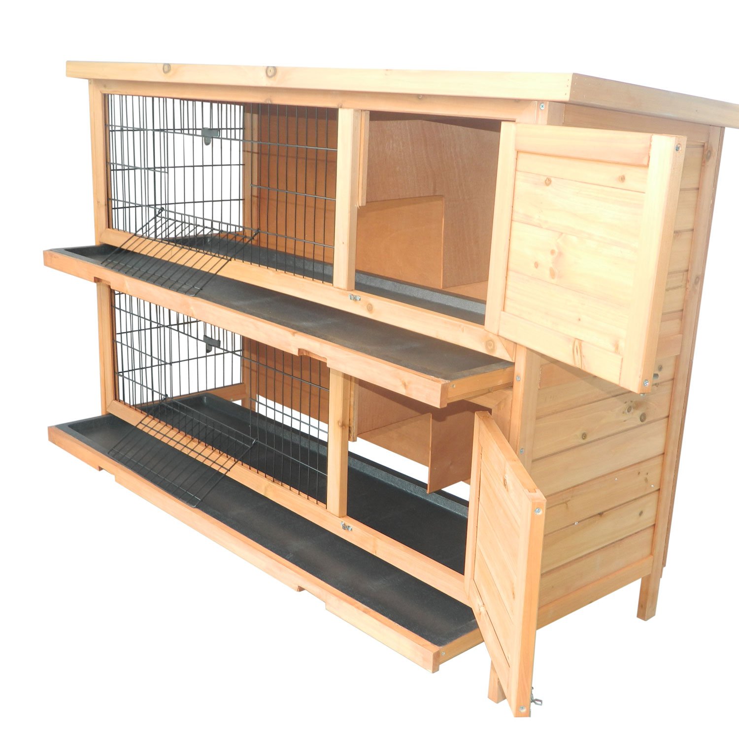 PawHut Conejera Madera de Exterior Jaula para Conejo 2 Niveles Bandeja Extraíble Estructura de Malla Metálica Puertas con Pestillos Resistente al Agua 136.4x50x93 cm
