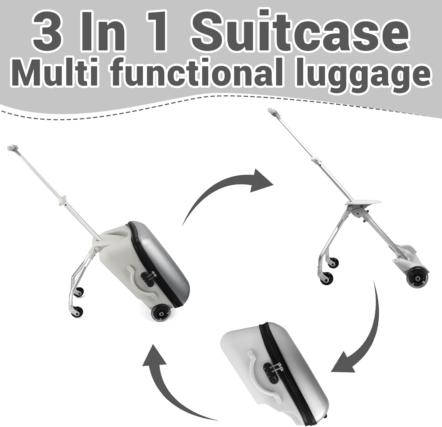 20 Inch Kids Ride On Suitcase with Seat for 3  Years Boys Girls, Children Luggage Case with Extendable Wheels, Lightweight Hard Shell,Children's Trunk and Backpack for Fun and Easy Traveling, Grey