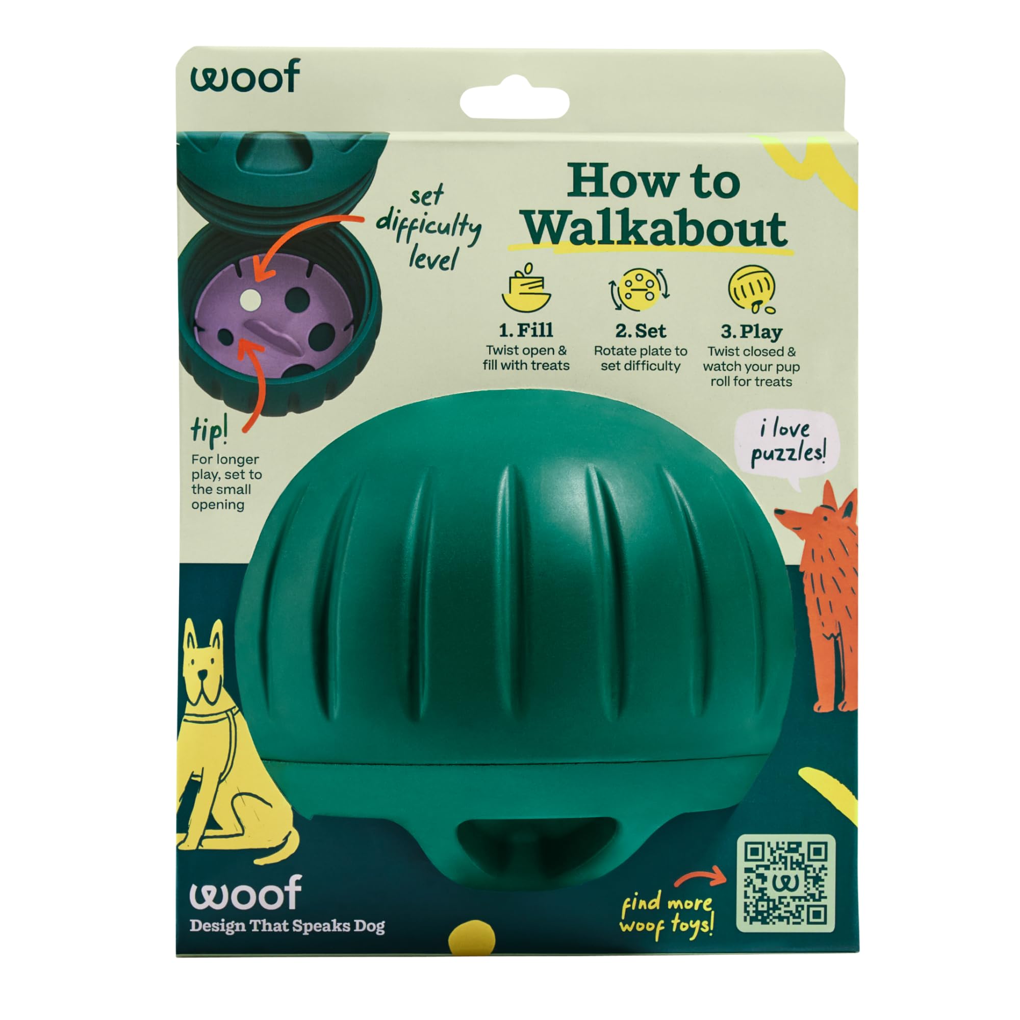 Woof Walkabout Dog Puzzle Treat Dispenser giocattolo per cani 18,1 kg in su | Aperture regolabili per crocchette e dolcetti, gomma resistente, lavabile in lavastoviglie, facile da pulire
