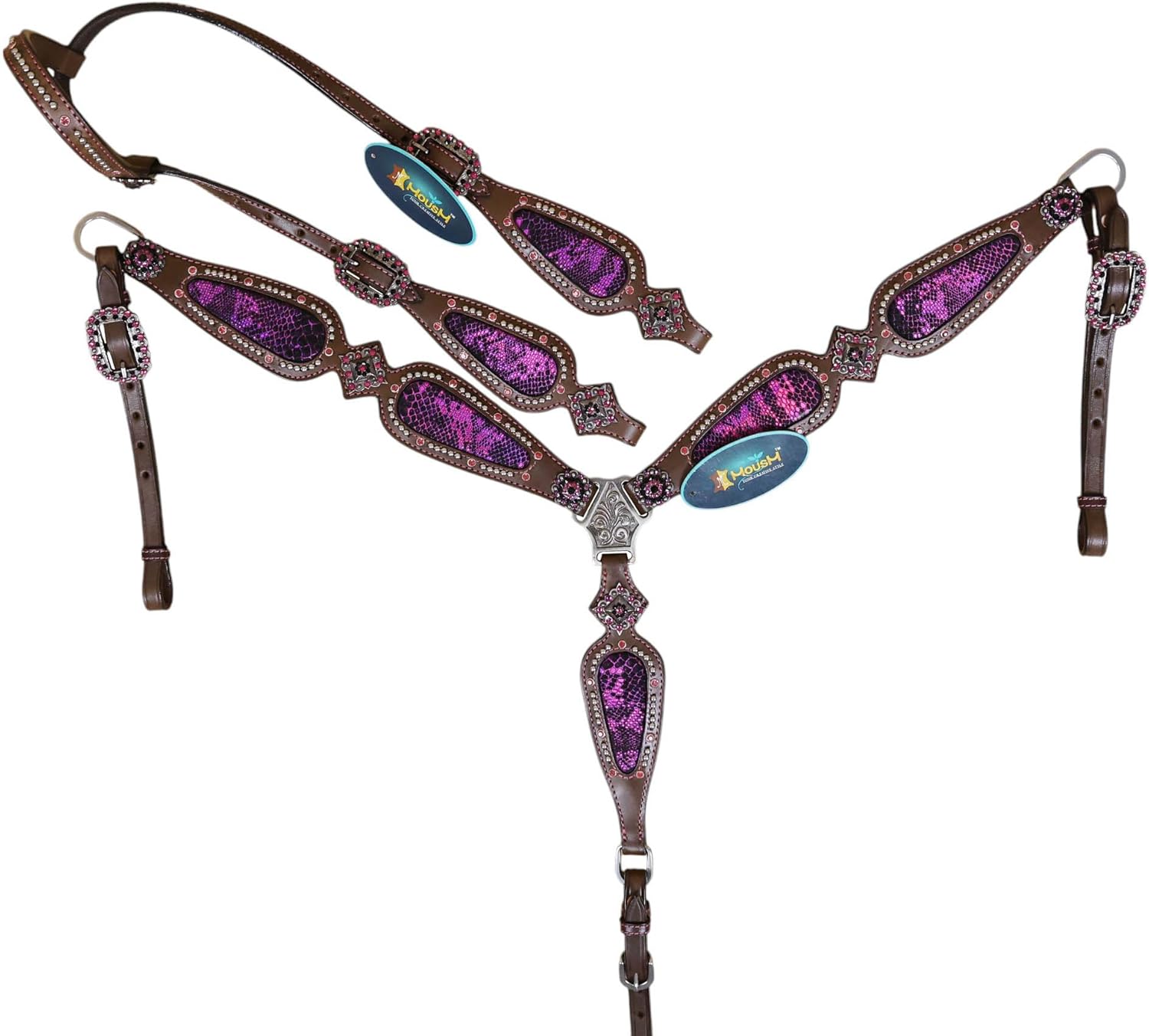 Headstall and Breast Collar Tack Set with Pink Snake Texture Leather, Nickel Studs, and Pink Rhinestones – Perfect Valentine's Day Gift for Equestrian Lovers