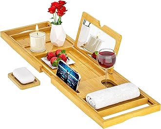 Premium Bathtub Tray Caddy with Makeup Mirror Bamboo - Bath Tray Expandable- Unique House Warming Gifts, New Home, Anniversary & Wedding Gifts for Couple, Bridal Shower Gift for Wome