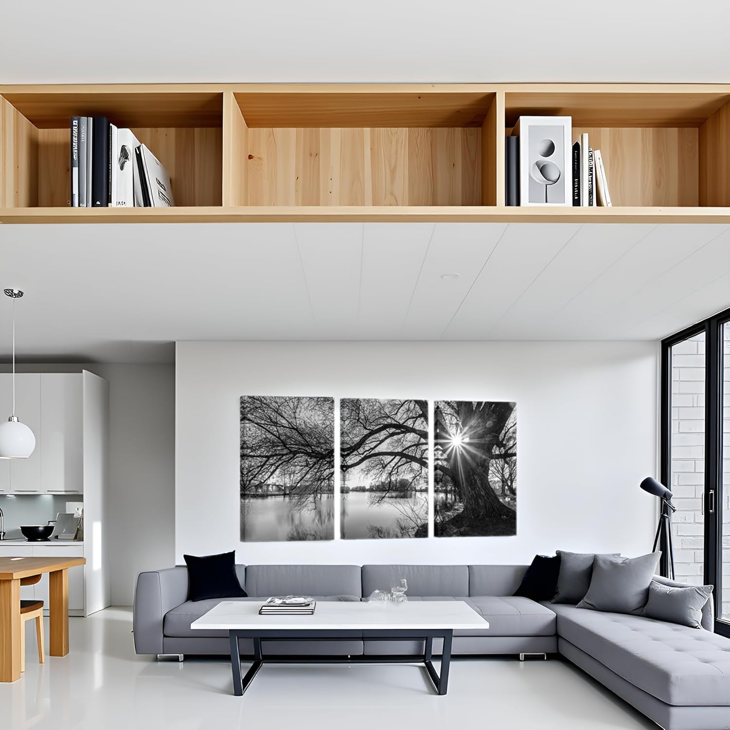 sechars - Canvas Prints Wall Art Black and White Tree in Sunrise Canvas Wall Art Lake Landscape Picture Giclee Print on Canvas Framed and Ready to Hang Modern Home Ofiice Wall Decor - 48"x24"overal