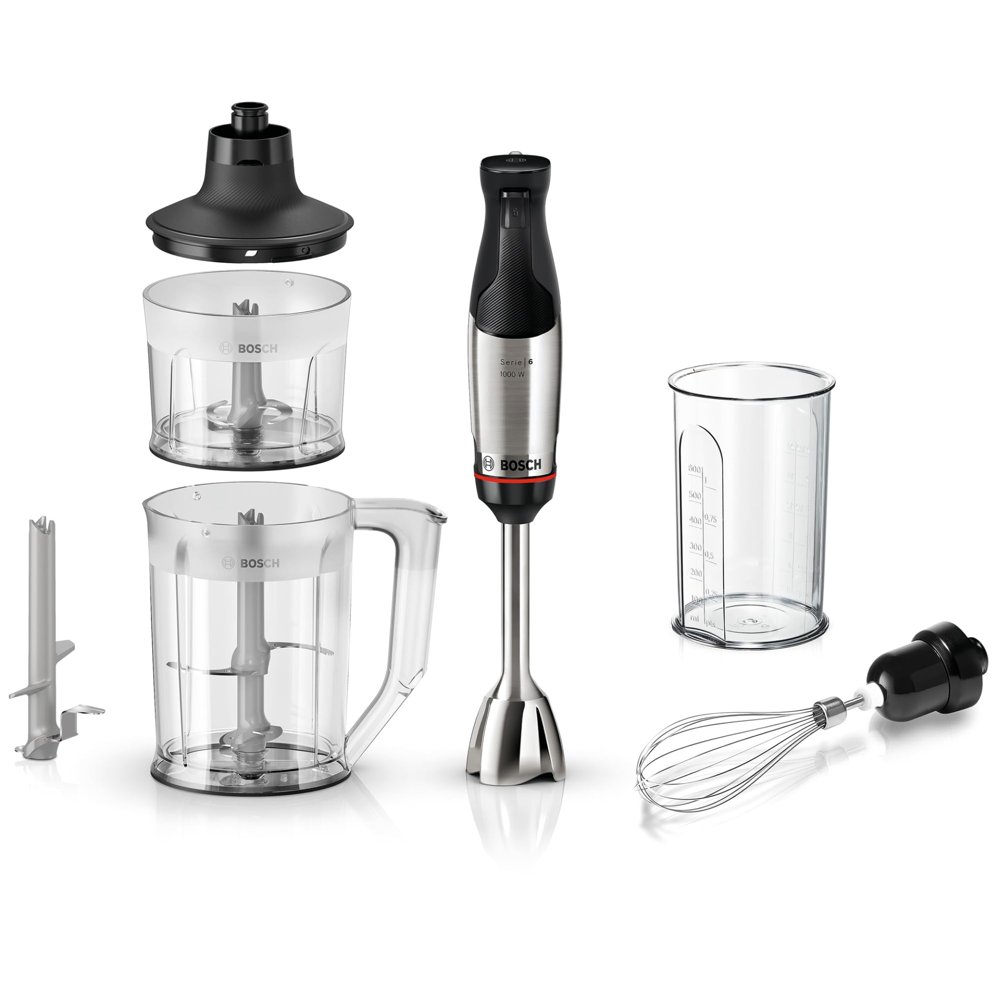 Bosch Stabmixer ErgoMaster Serie 6, einhändig bedienbar, 4 Edelstahl-Klingen, Mixer, Zerkleinerer, verschleißfreie Keramik-Kupplung, langlebig, Luftkühlung, 1000 W, MSM6M652