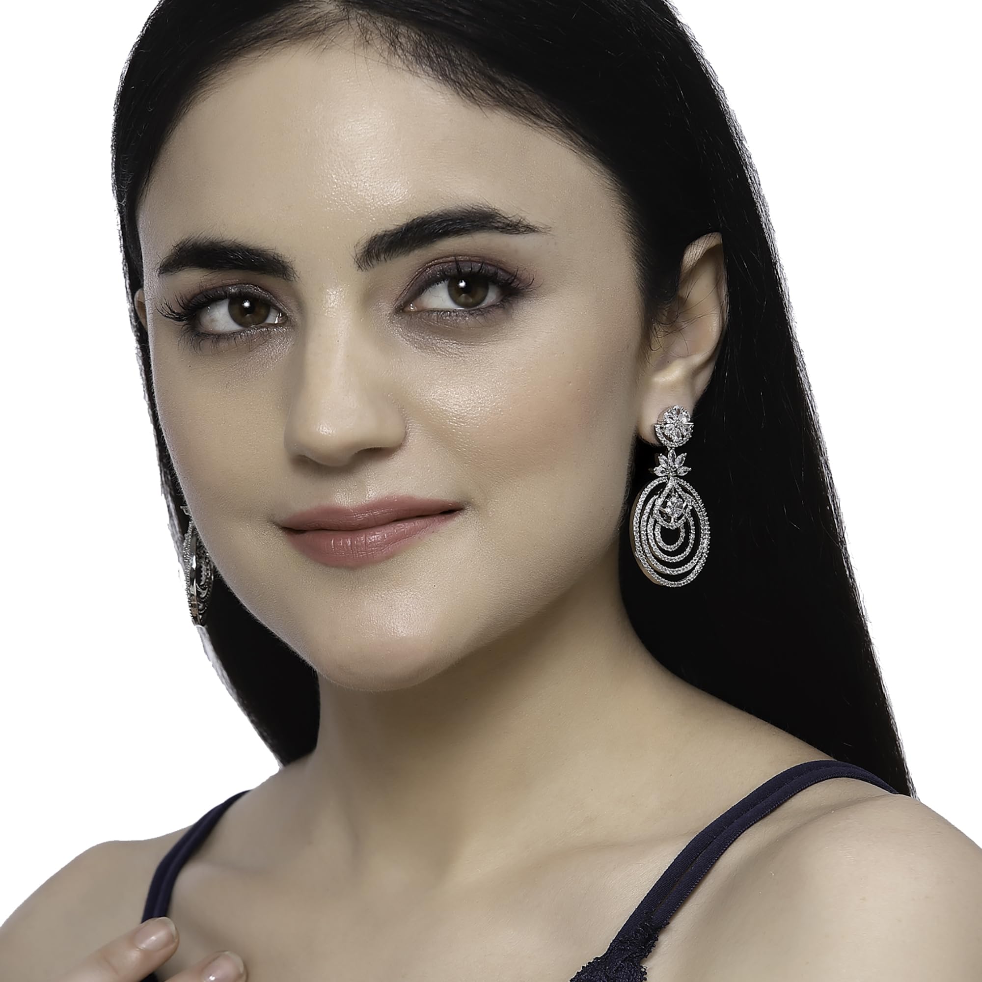 Rhodium-Plated Floral & Circular Layered Drop Earrings