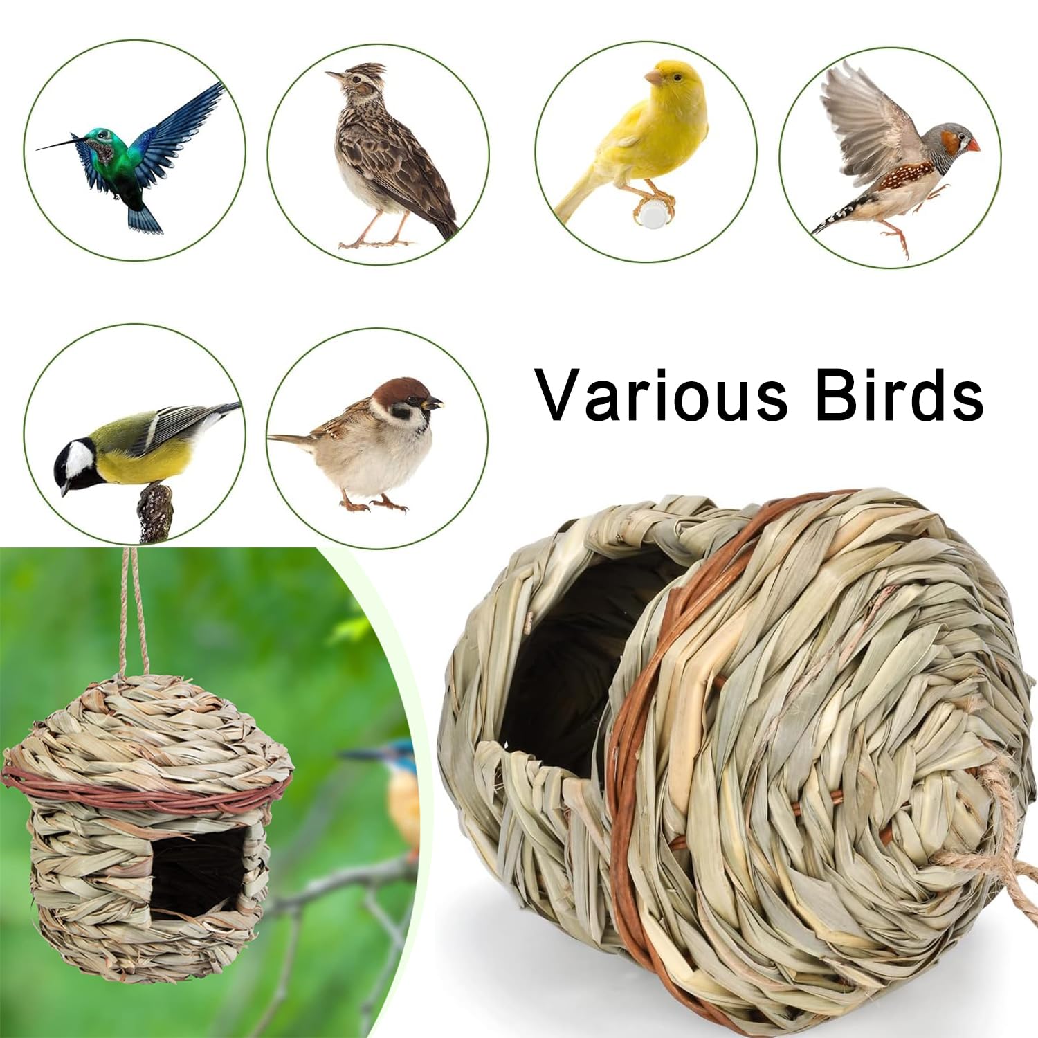 Nichoir Oiseaux Tissé à la Main, 2 Pièces Nichoirs pour Oiseaux Tissés à la Main, Nid D'Oiseau Fait À La Main, Nid Oiseau Fait à La Main pour Mésanges Charbonnières, Rouges-Gorges (Des billes, B)