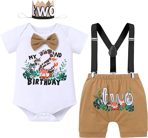 IBTOM CASTLE Traje de 1er cumpleaños para bebé niño, mameluco de animales del bosque de la selva, bombachos y tirantes, 3 piezas, ropa para