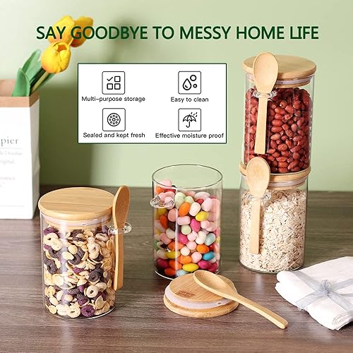 Miniatura 4 de CZFWin Juego de 4 tarros de vidrio con tapas de bambú y cucharas de madera, juego de 4 recipientes para café, té, azúcar para almacenamiento suelto,