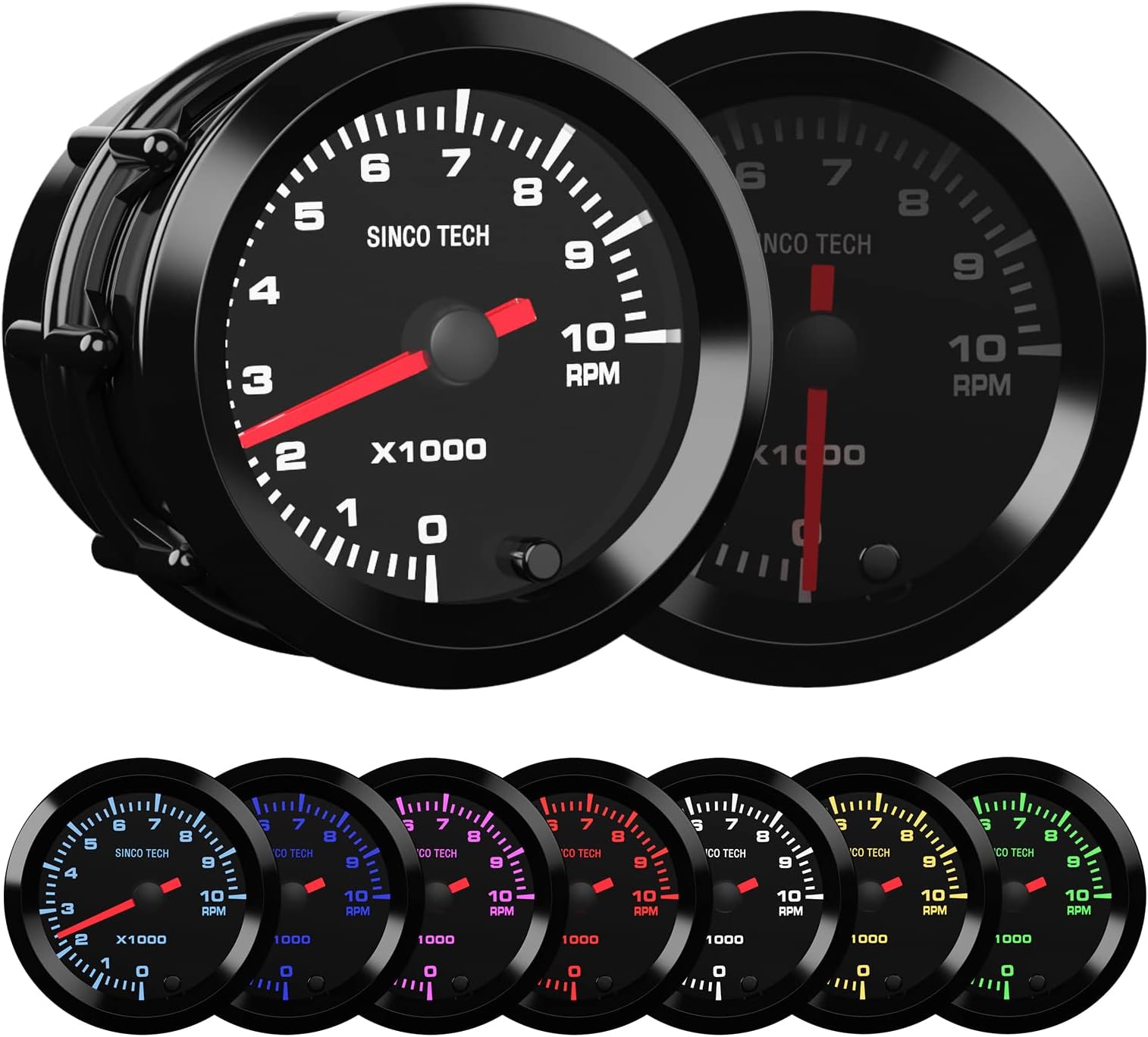 SINCO TECH 7 Color Gauge Kit 2" 52mm Automobile Backlight Pointer Car Meter with Sensor (Tachometer RPM)