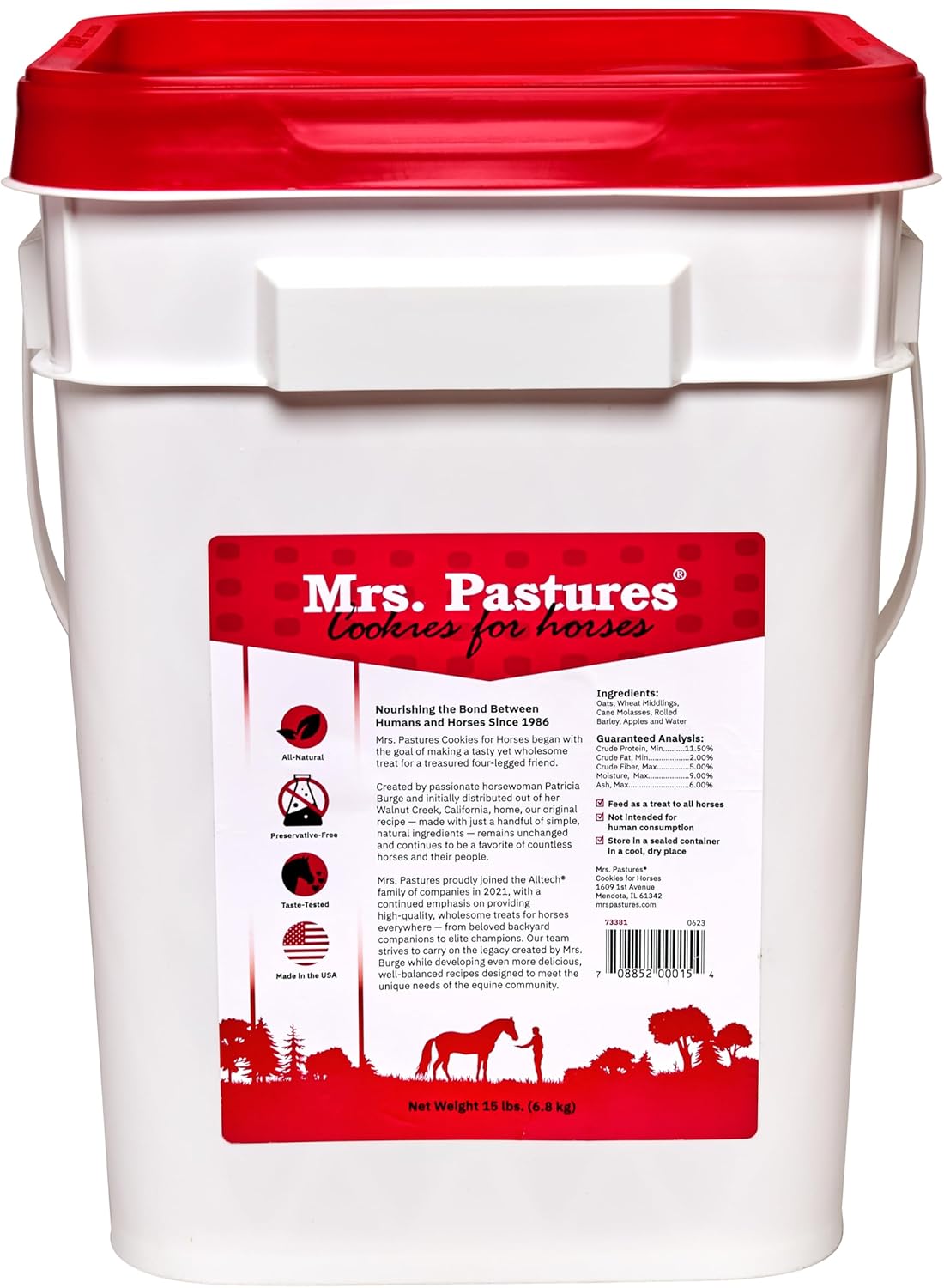 Mrs Pastures Cookies and Treats for Horses - Premium Horse Treats - Made with Apples, Oats, and Rolled Barley - Preservative Free - All Natural Ingredients - No Corn or Soy (15lb Bucket)