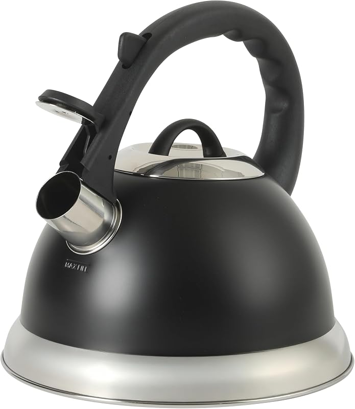 Clarefield 2.4 Qt Whistling Tea Kettle – Matte Black Stovetop Water Kettle with Lid, Heat-Resistant Nylon Handle and Knob, Stainless Steel Trim